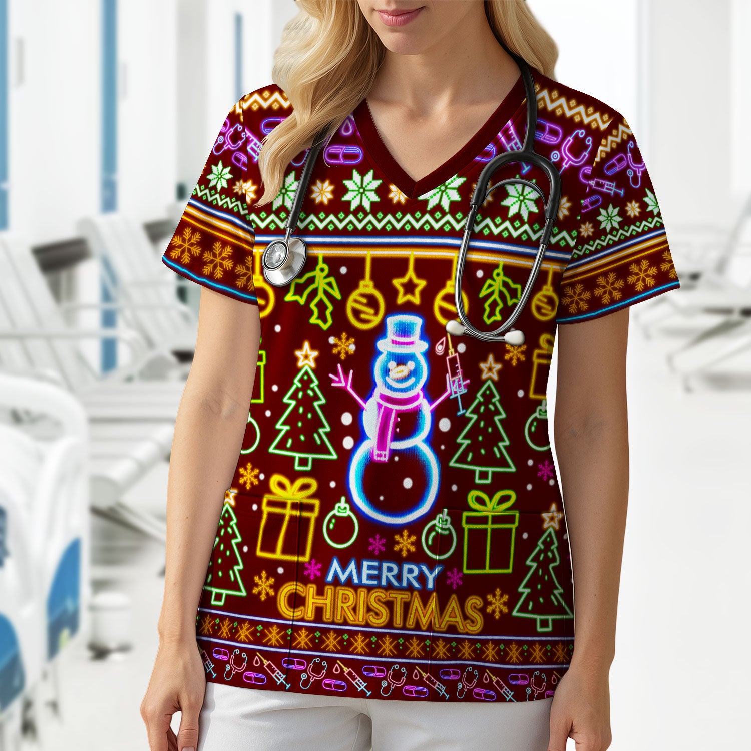 Neon Snowman Christmas Scrub Top for Nurses - Merry Christmas Holiday Lights Pattern - Funny Festive Medical Uniform for RN LPN CNA