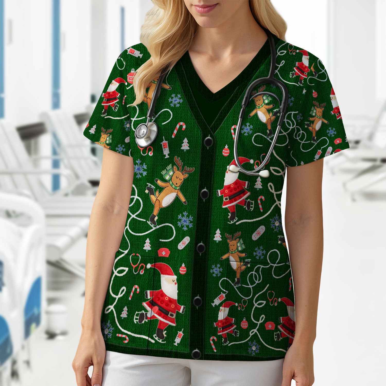 Christmas Reindeer Santa Nurse Scrub Top, Cute Holiday Medical Uniform Shirt for Women