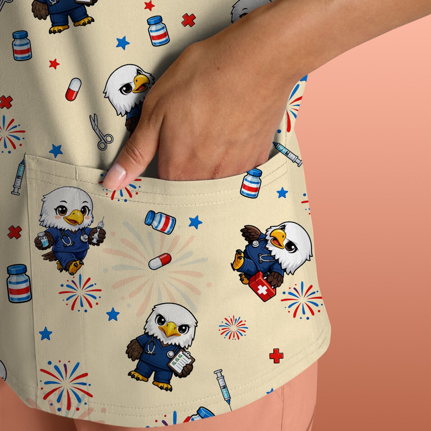 Patriotic Nurse Eagle Fireworks Medical Pattern Scrub Top, Breathable Fabrics Nursing Uniform