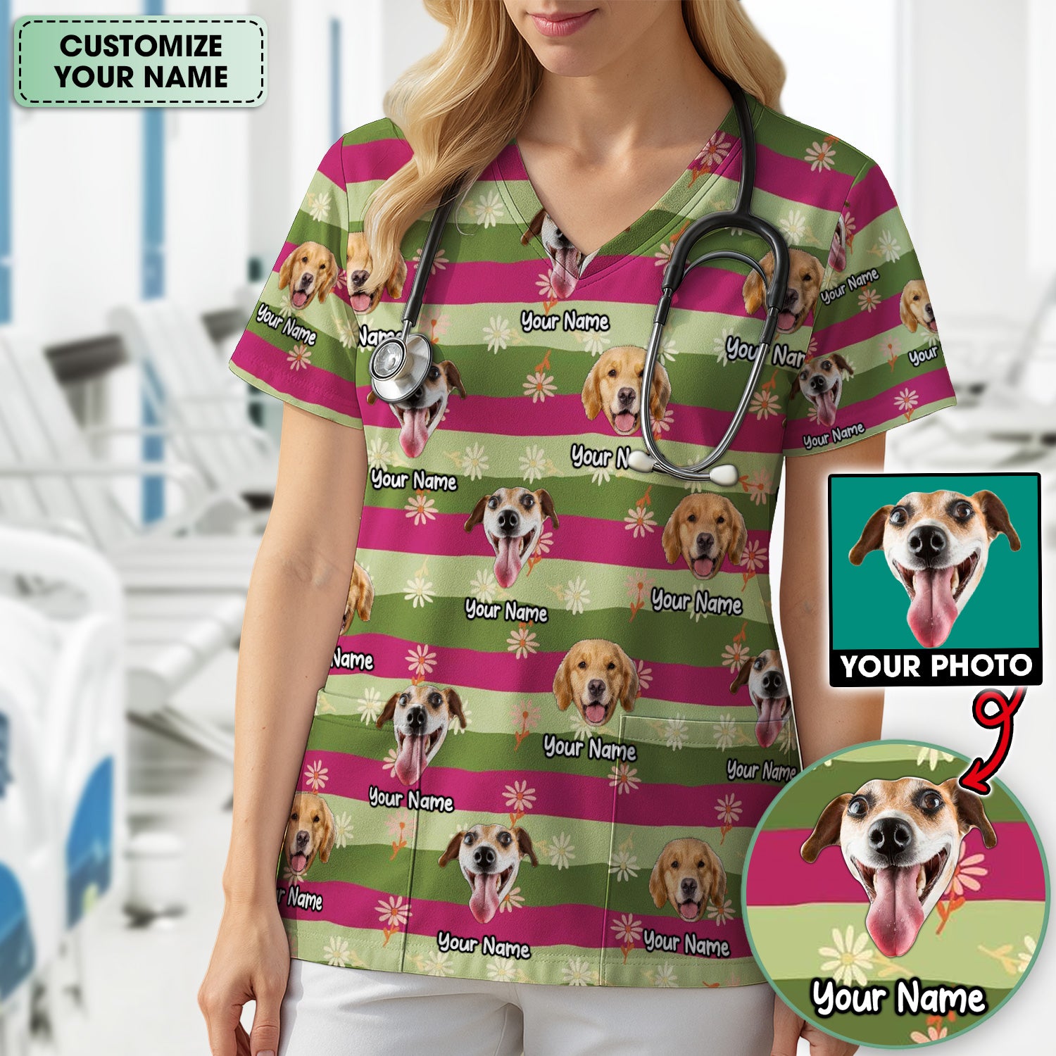 Personalized Floral Dog Portrait With Spring Stripes Pattern Scrub Top, Comfortable Scrubs for Nurses