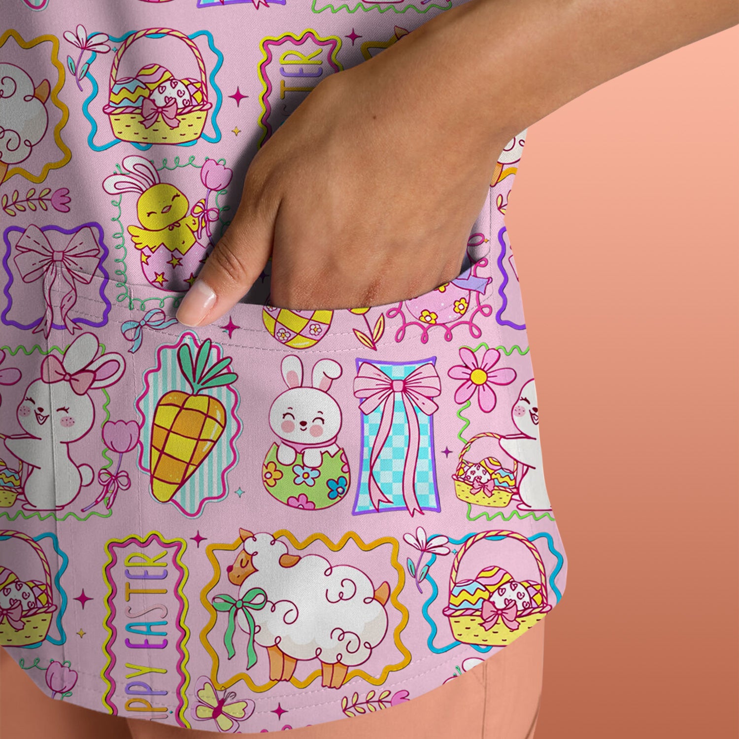 Cute Easter Bunny Egg and Bow Print Scrub Top, Breathable Fabrics Nursing Uniform
