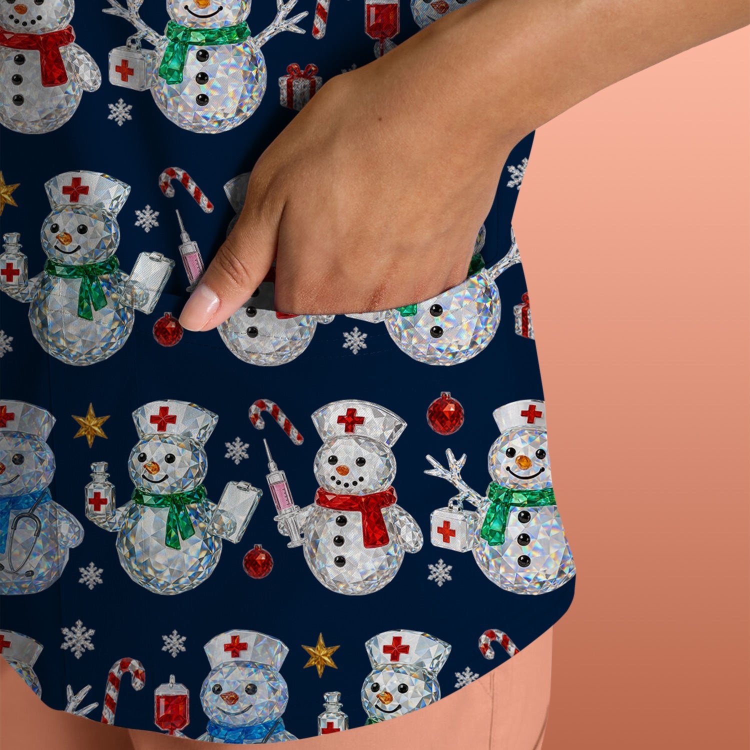 Nurse Snowman Christmas Scrub Top, Cute Holiday Medical Pattern Shirt For Women, Winter Snowflake Nursing Uniform