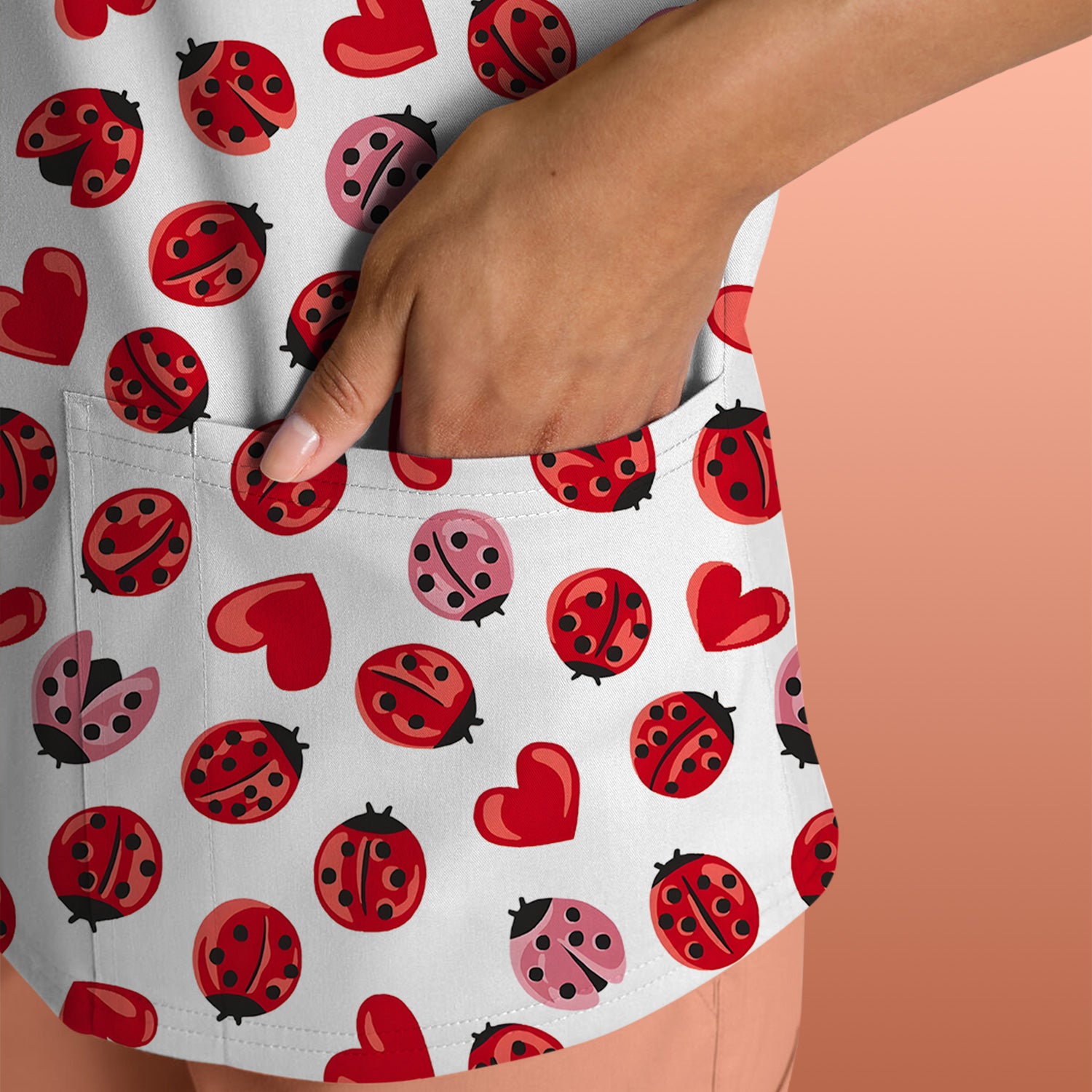 Cute Ladybug and Red Heart All Over Print Scrub Top, Comfortable Scrubs for Nurses