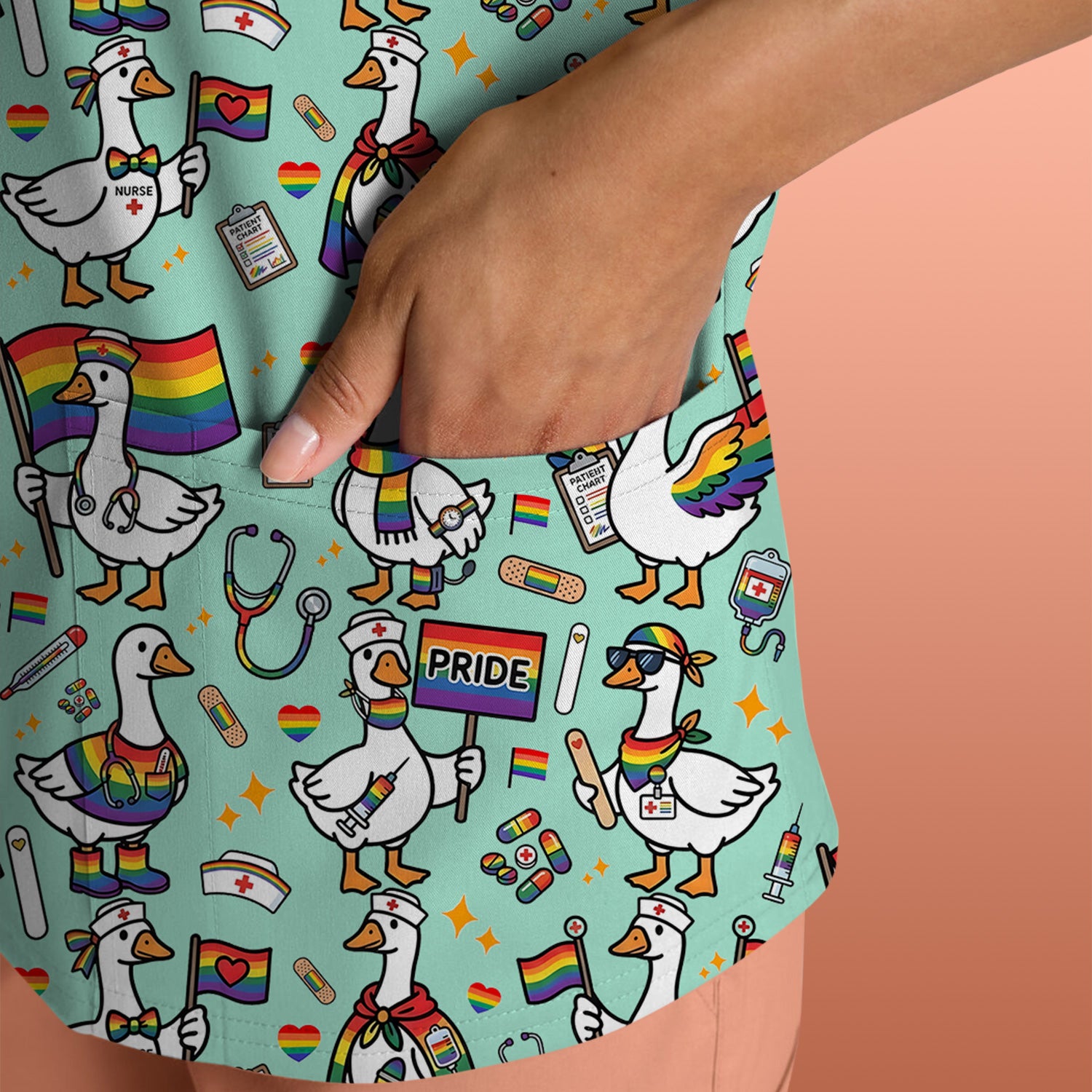 LGBT Pride Nurse Duck Pattern Scrub Top, Breathable Fabrics Nursing Uniform