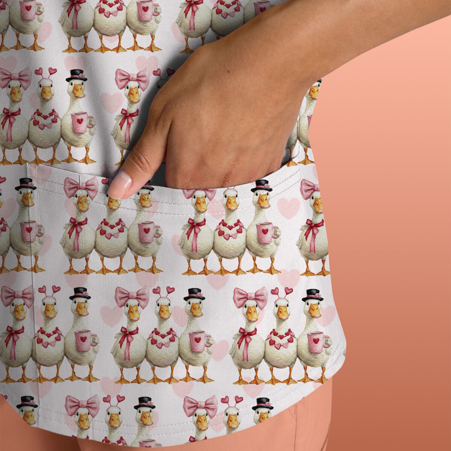 Charming Valentine Goose Heart Pink Design Scrub Top, Comfortable Scrubs for Nurses