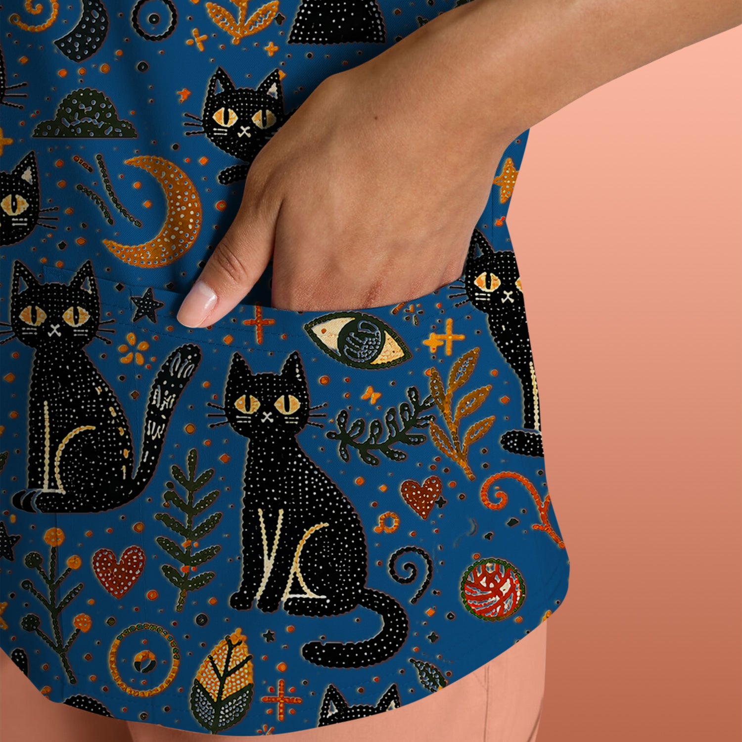 Mystic Black Cat Celestial Doodle Pattern Scrub Top, Comfortable Scrubs for Nurses