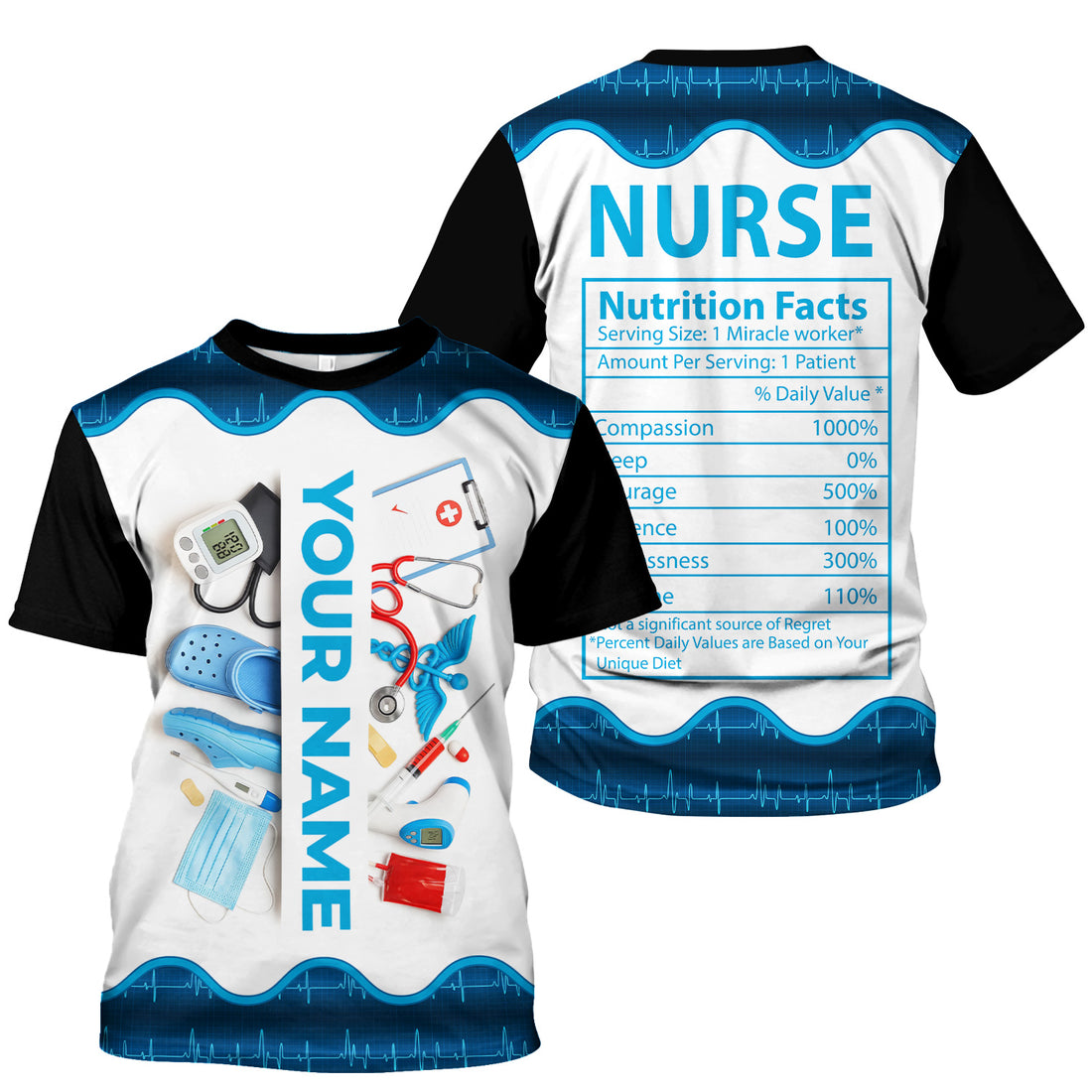Personalized Nurse Nutrition Facts Shirt - Funny Custom Name RN CNA LPN Tee - Medical Supply Graphic Gift for Women Healthcare Workers Who Are Miracle Workers