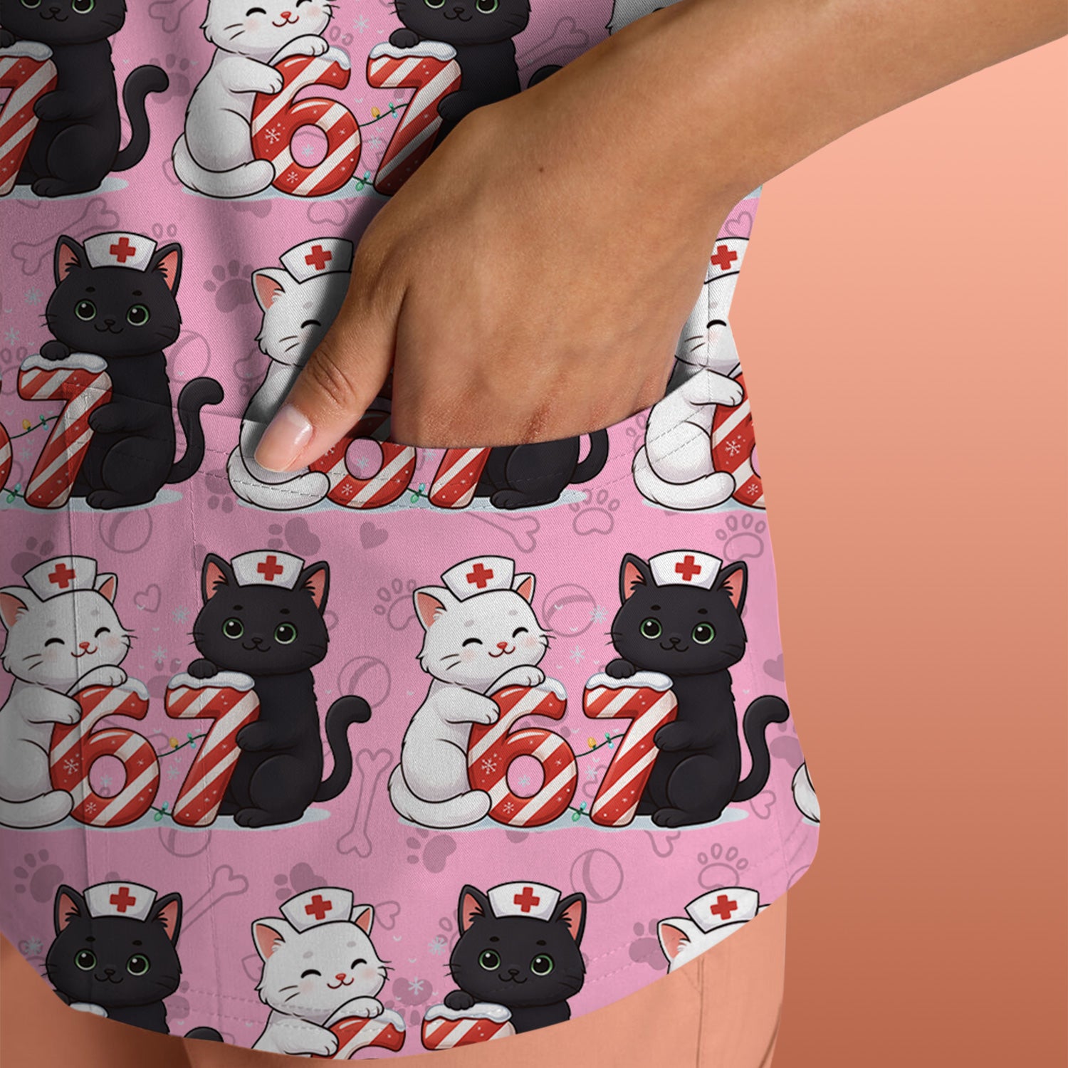 Xmas Cat Pattern Scrub Top, Christmas Nurse Six Seven With Cat Scrub Shirt, Breathable Fabrics Nursing Uniform