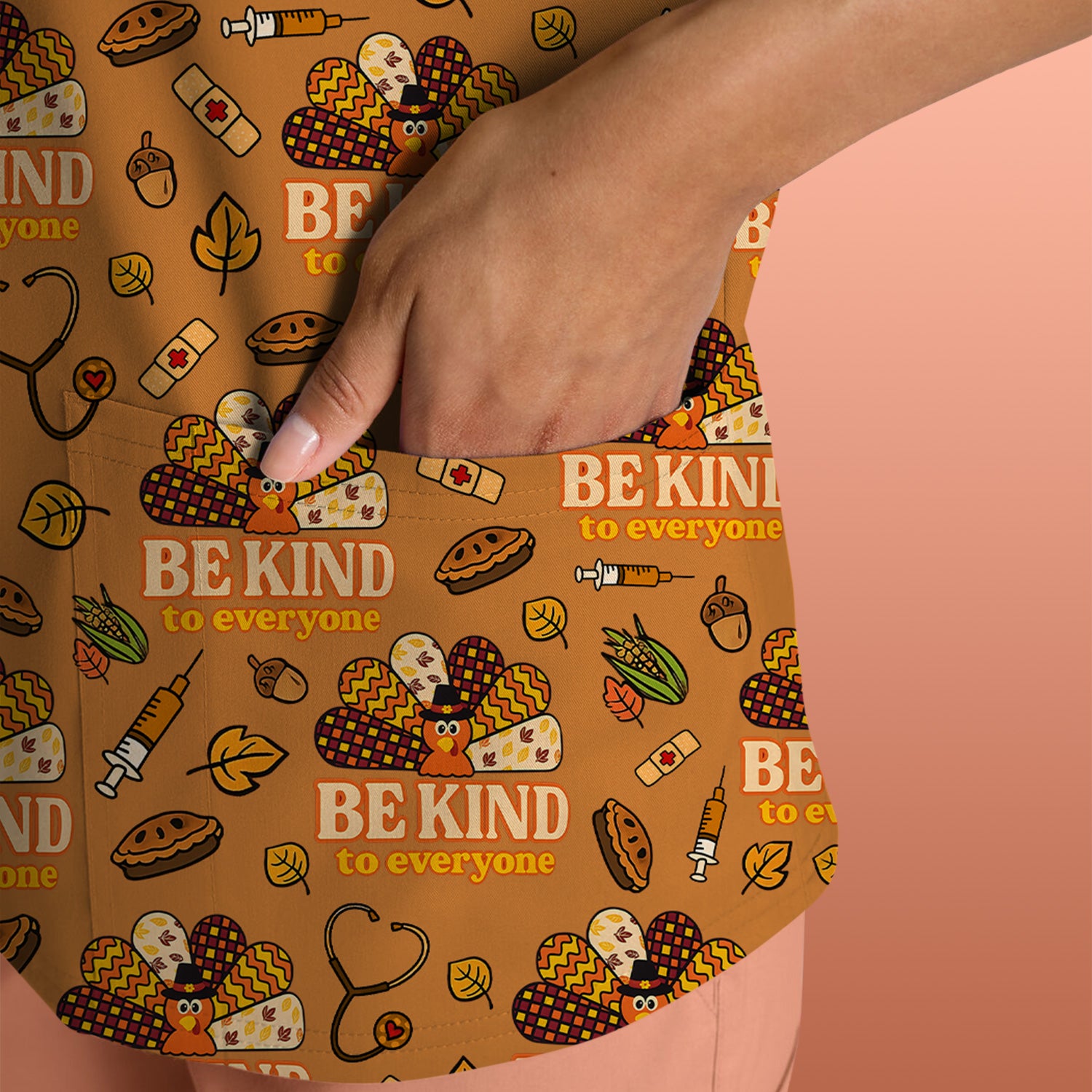 Thanksgiving Be Kind Scrub Top – Fall Nurse Shirt with Heart and Leaf Pattern – Cute Autumn Medical Uniform for Healthcare Staff