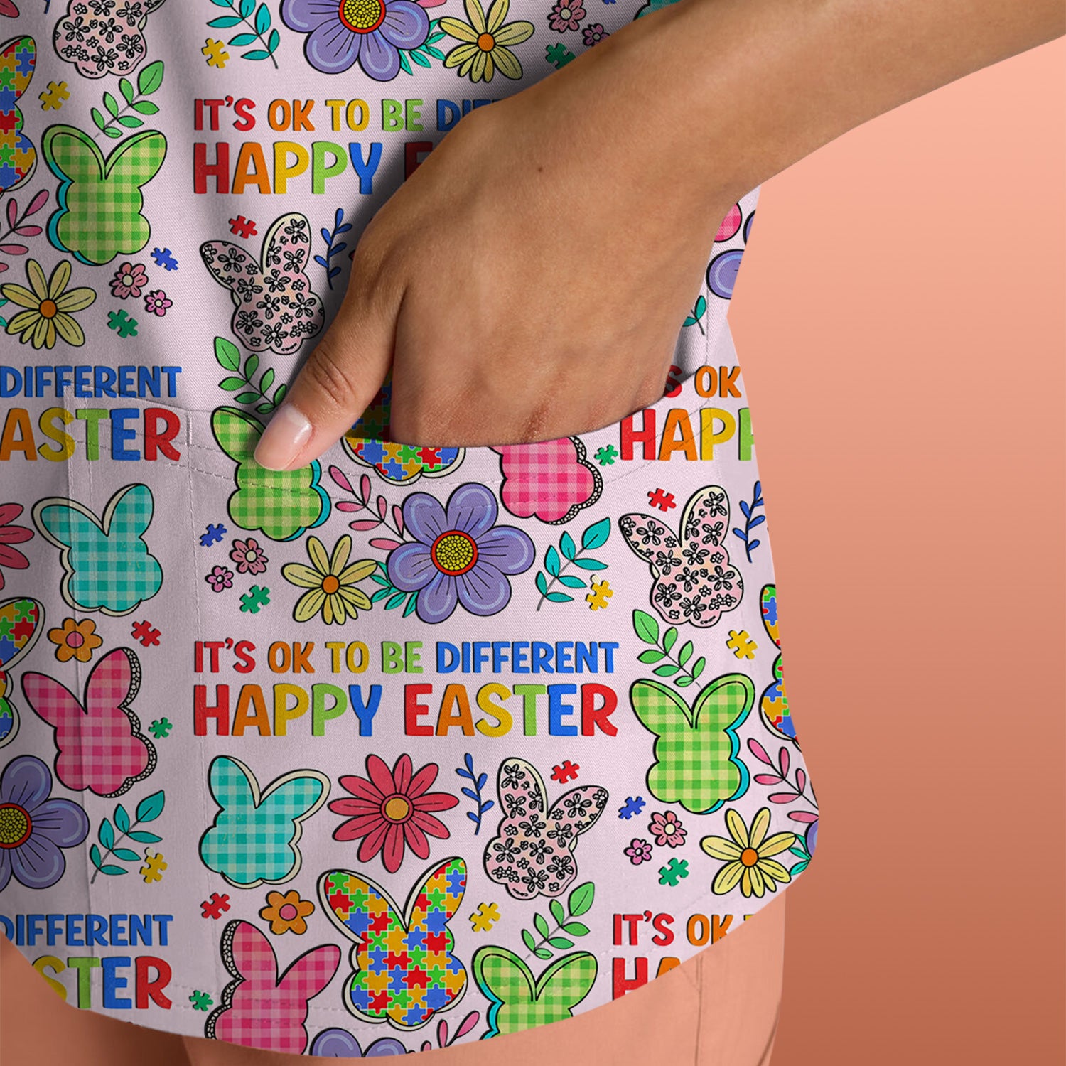 Happy Easter Bunny Floral Print Scrub Top, Breathable Fabrics Nursing Uniform