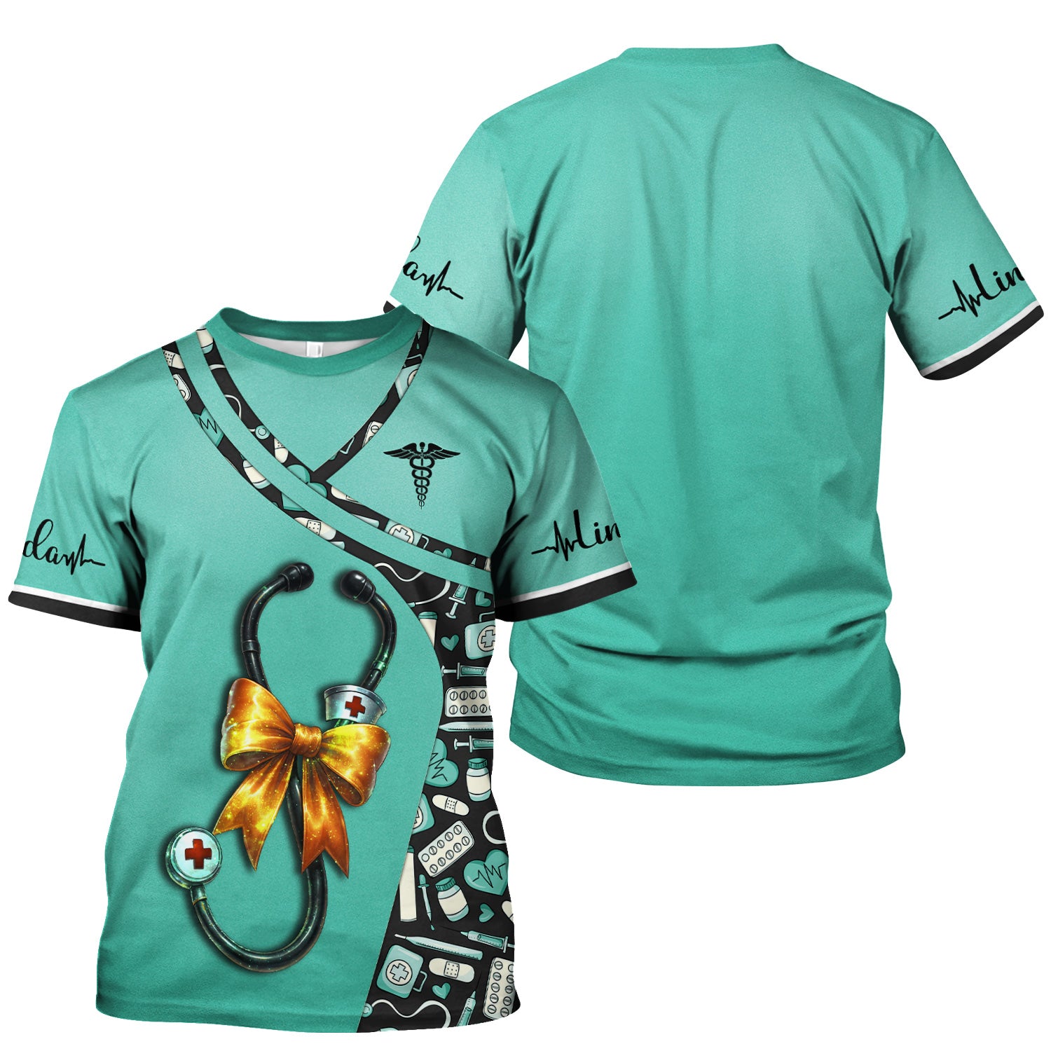 Personalized Halloween Nurse Shirt for Women - Stethoscope Scrub Top with Bow Design - Custom Name RN LPN CNA Gift