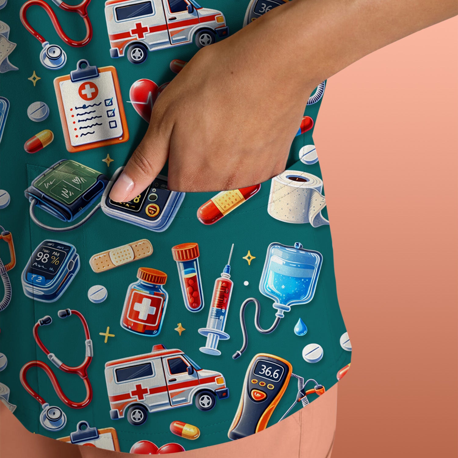 Medical Tools Pattern Ambulance Stethoscope Scrub Top, Comfortable Scrubs for Nurses