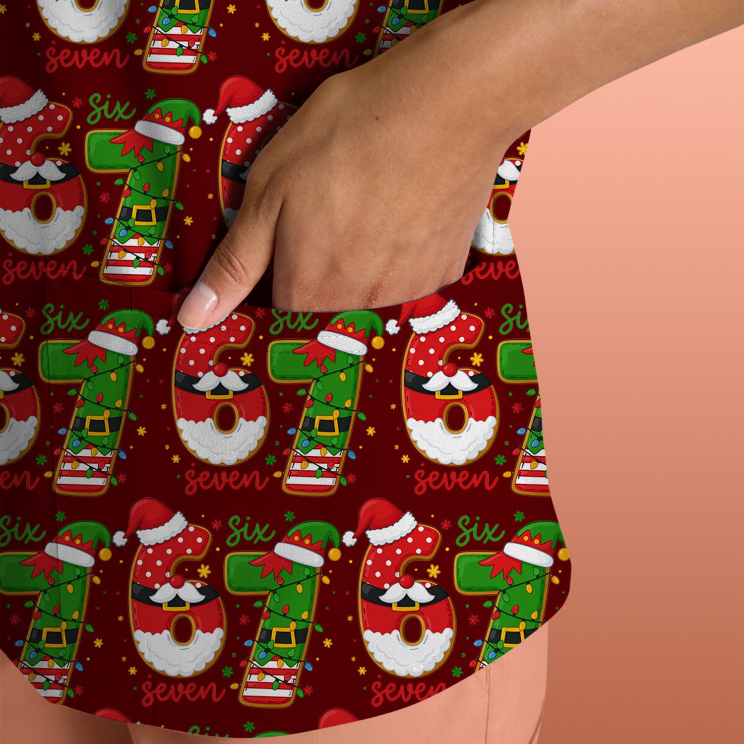 Christmas 67 Pattern Scrub Top, Festive Holiday Medical Uniform Shirt For Nursing