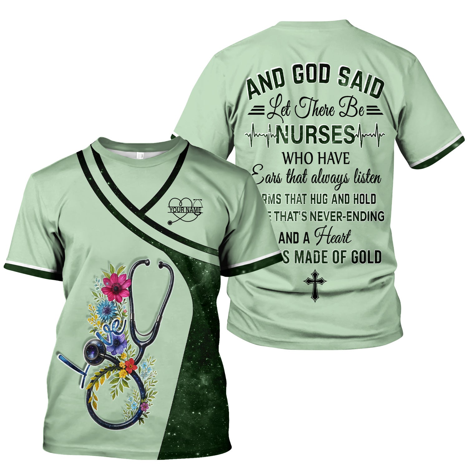 Custom Nurse Love T-Shirt - Floral Stethoscope & Galaxy Design - Personalized Gift for RN LPN CNA Healthcare Professionals