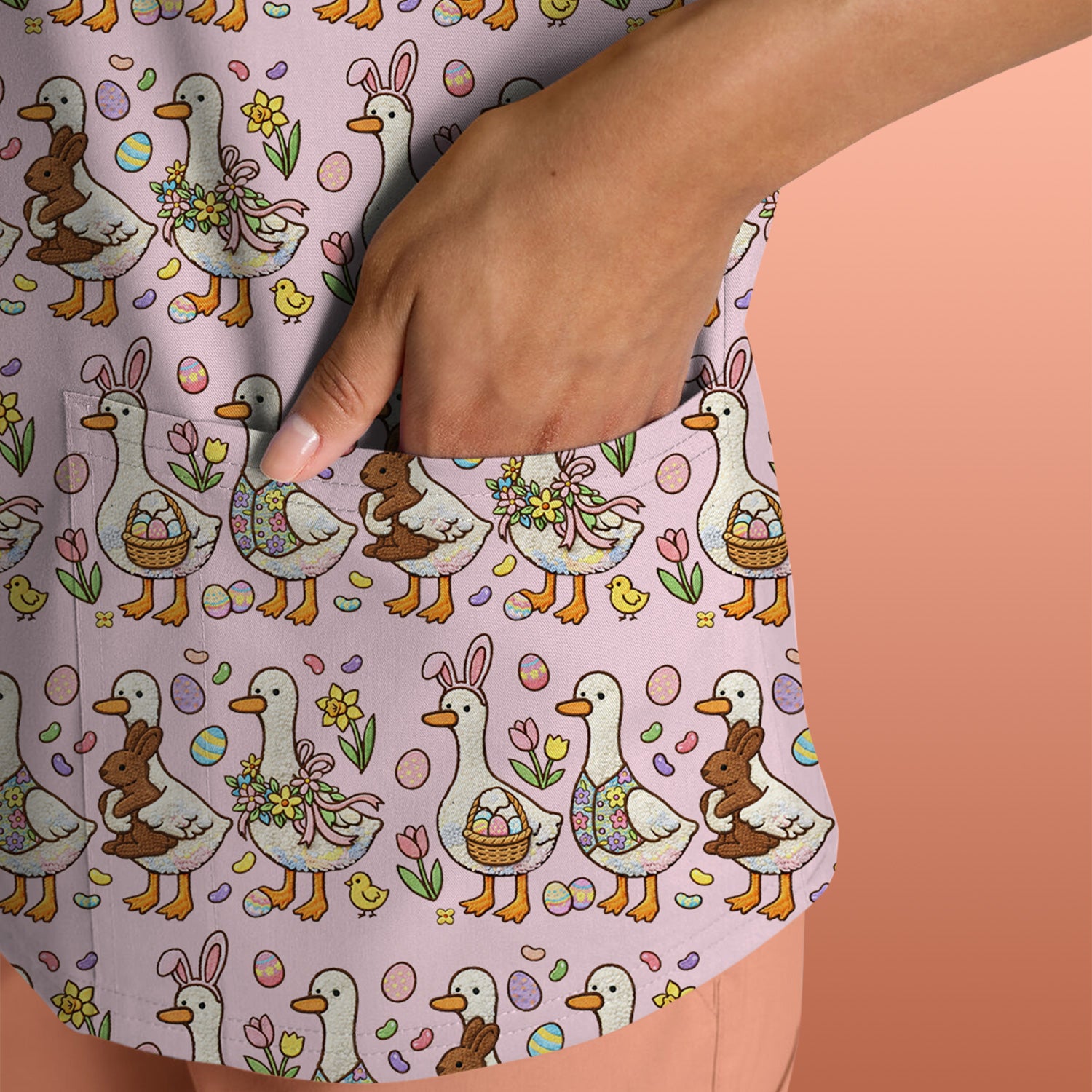 Easter Theme Duck and Bunny Egg Floral Print Scrub Top, Comfortable Scrubs for Nurses