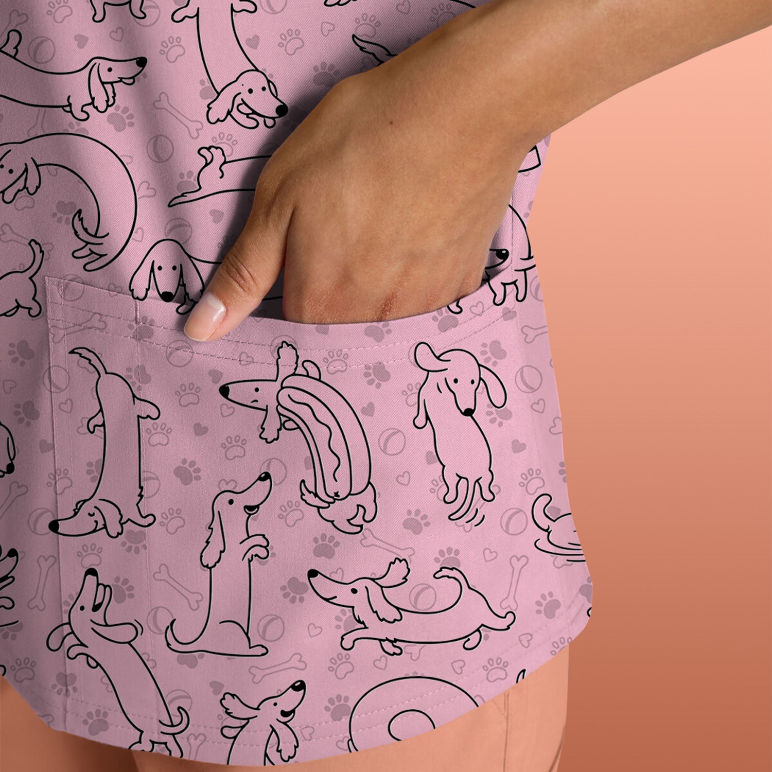 Playful Dachshund Dog Line Art Print Scrub Top, Comfortable Scrubs for Nurses