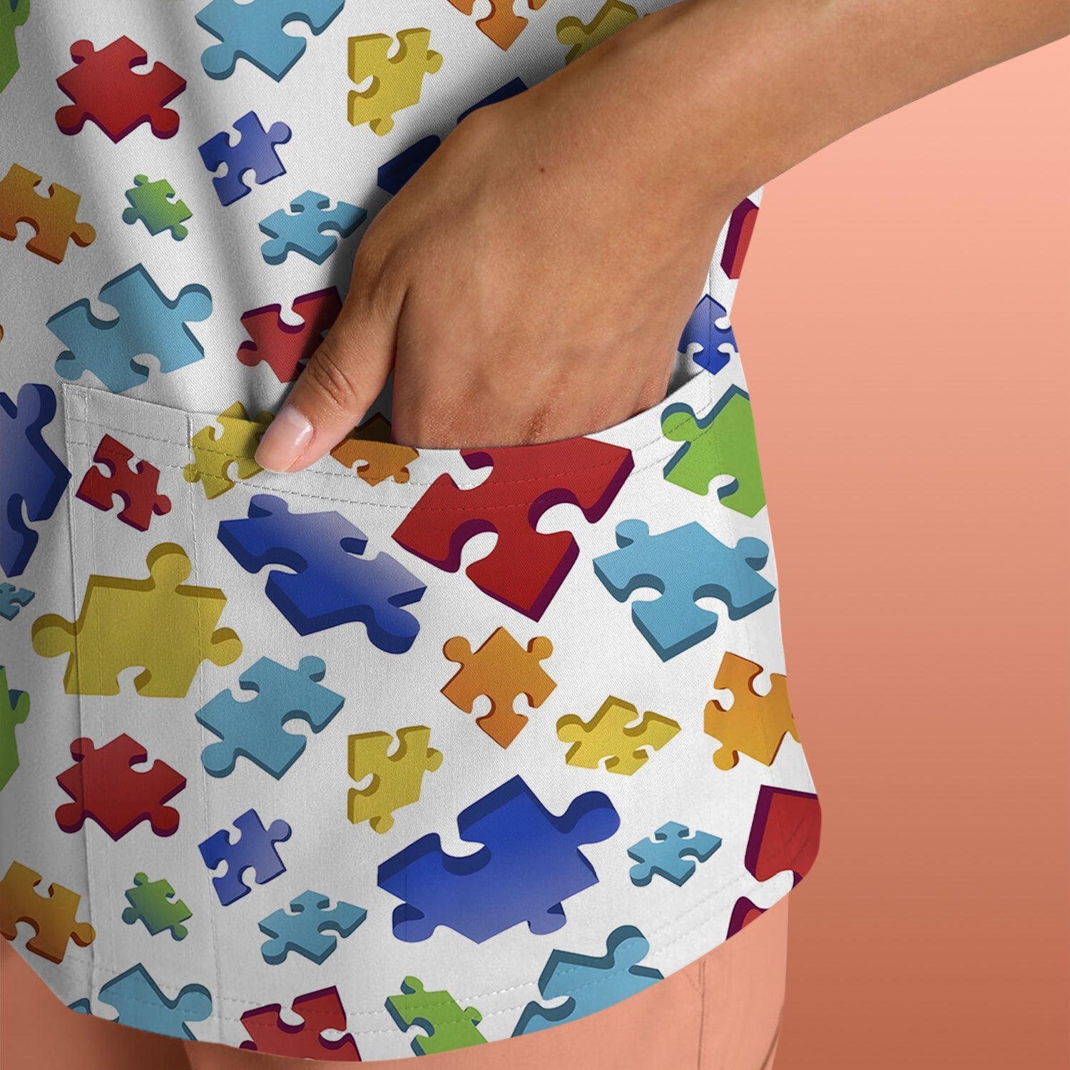 Colorful Scattered Puzzle Piece Pattern Scrub Top, Breathable Scrubs for Nurses, Autism