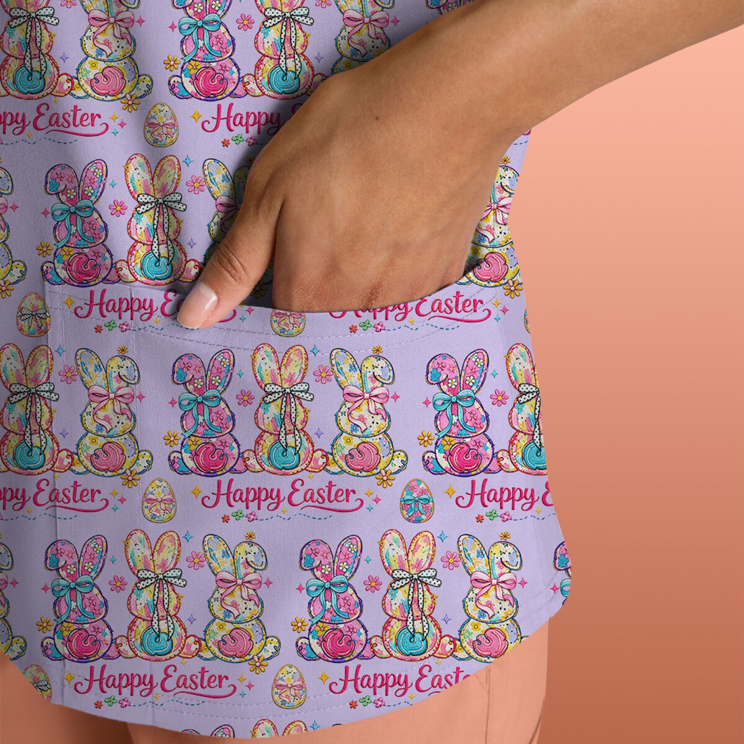 Pink Happy Easter Bunny Pattern Scrub Top, Comfortable Scrubs for Nurses