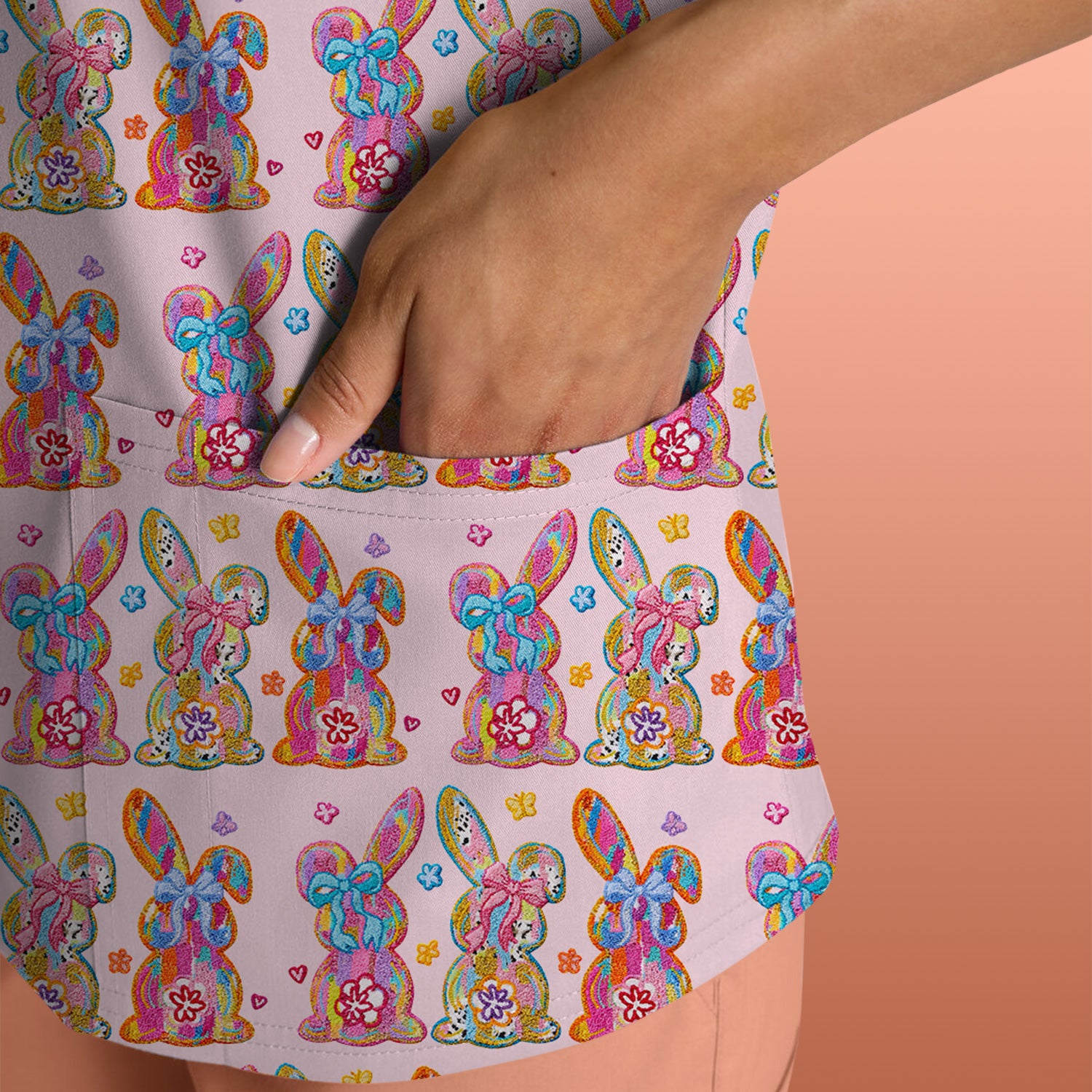 Cute Pastel Bunny Floral Pattern Scrub Top, Comfortable Scrubs for Nurses, Easter