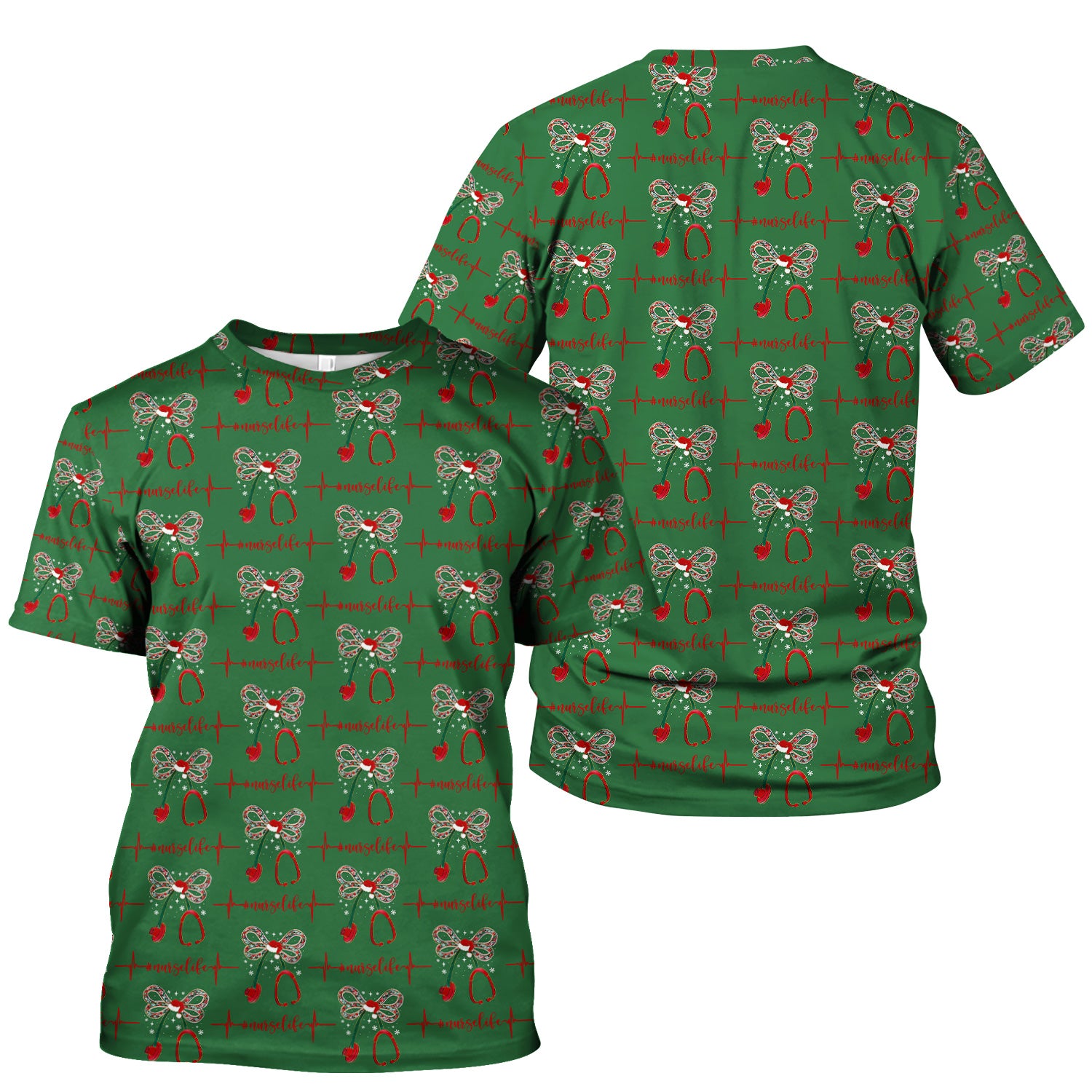 Personalized Funny Nurse Christmas Scrub Top - Stethoscope with Holiday Bow & Heartbeat Pattern - Gift for RN LPN CNA Healthcare Staff