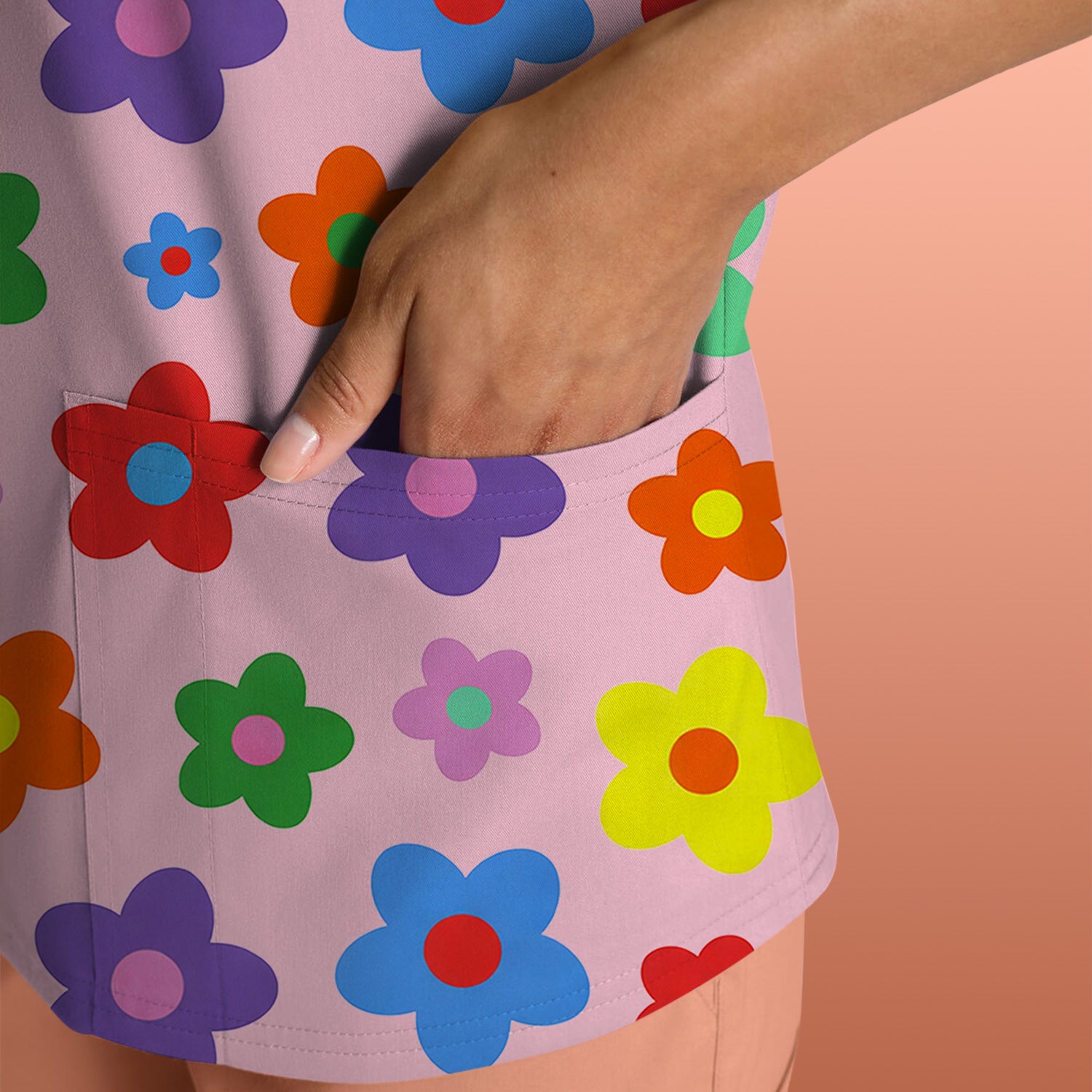 Colorful Retro Flower Pattern Print Scrub Top, Breathable Fabrics Nursing Uniform