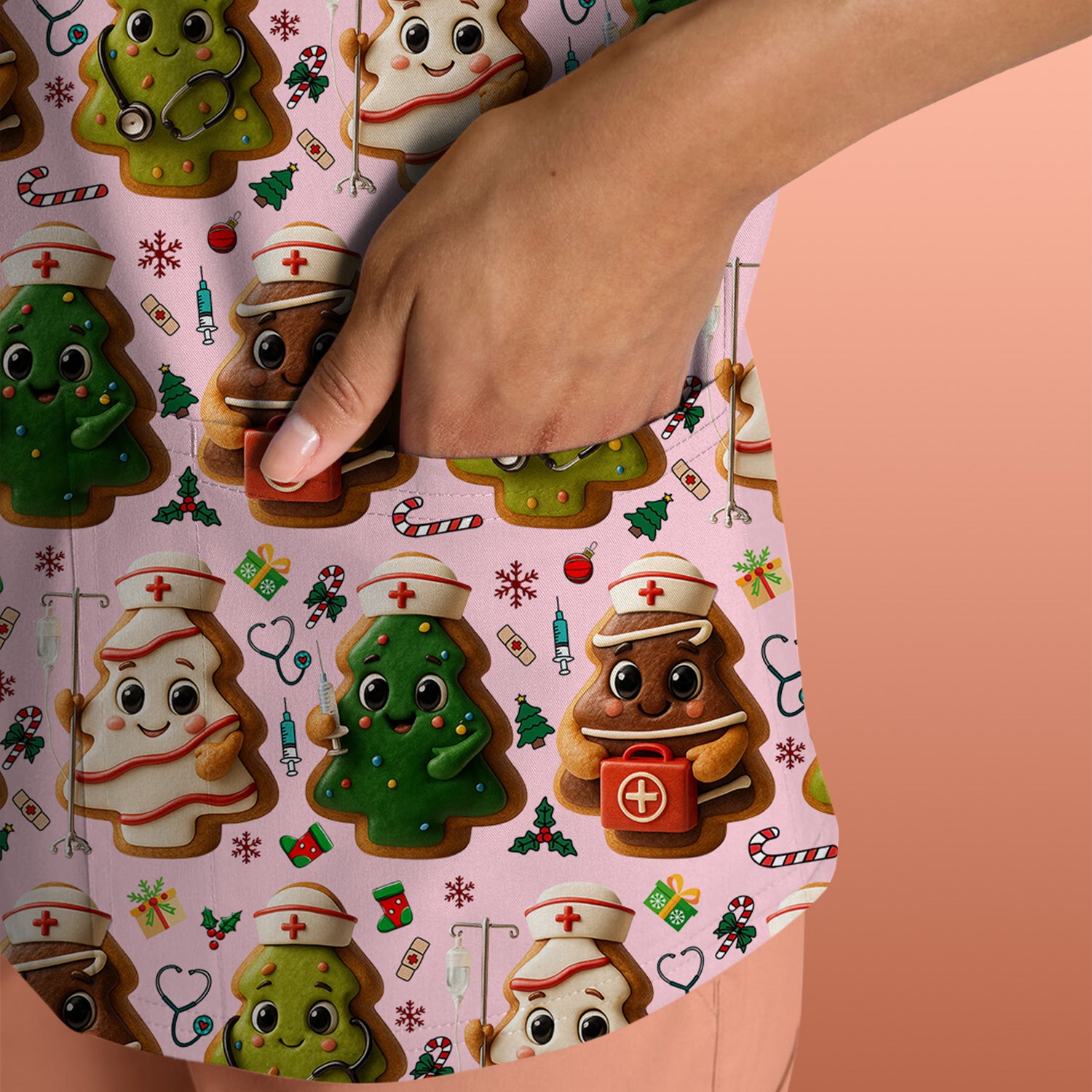 Christmas Cookie Scrub Top – Festive Nurse & Holiday Tree Pattern – Cute Medical Uniform for Nurses, Vets and Healthcare Workers