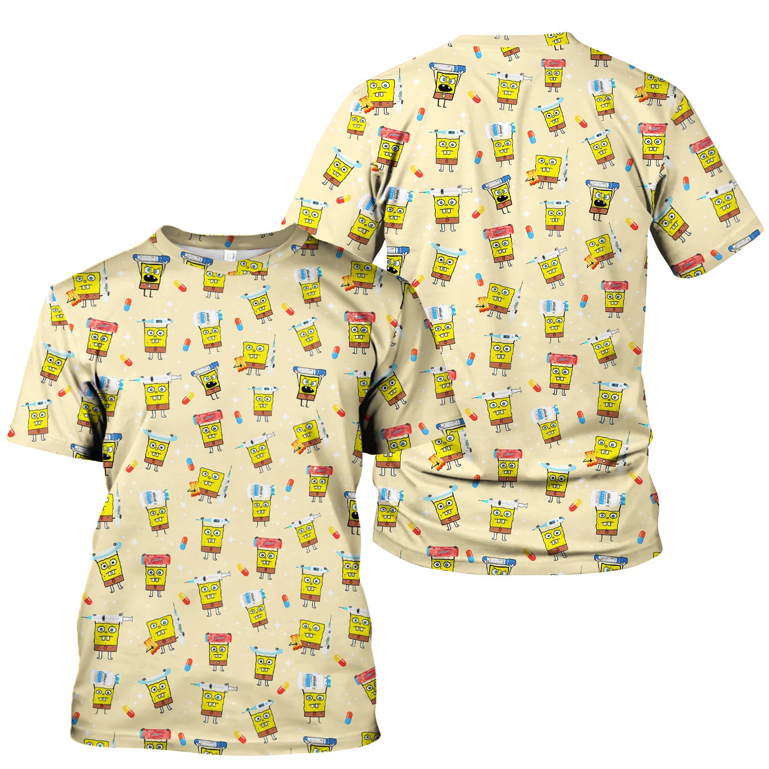 Cartoon Character Scrub Top - All-Over Print Doodle Medical Characters - Gift for RN LPN Healthcare Workers