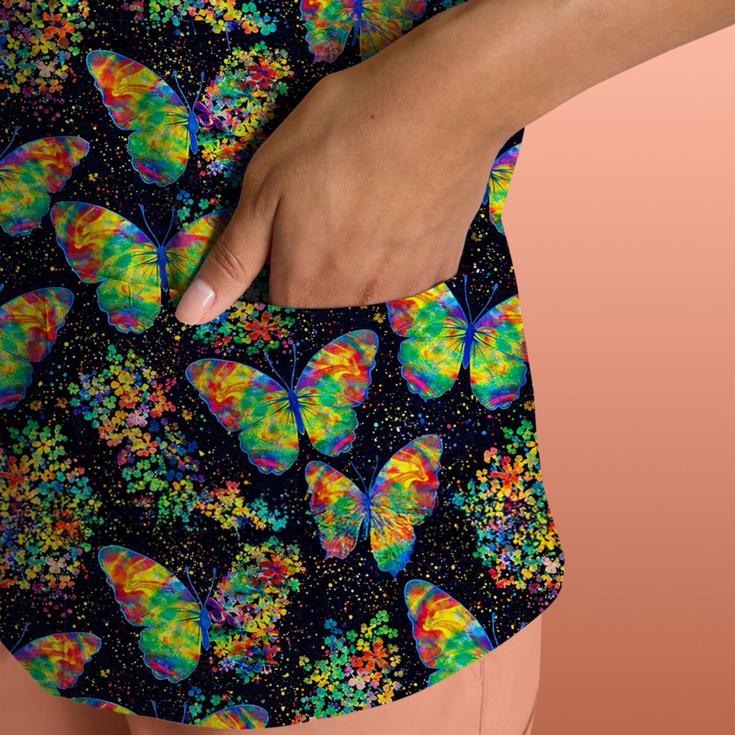 Rainbow Butterfly Galaxy Pattern Scrub Top, Comfortable Scrubs for Nurses