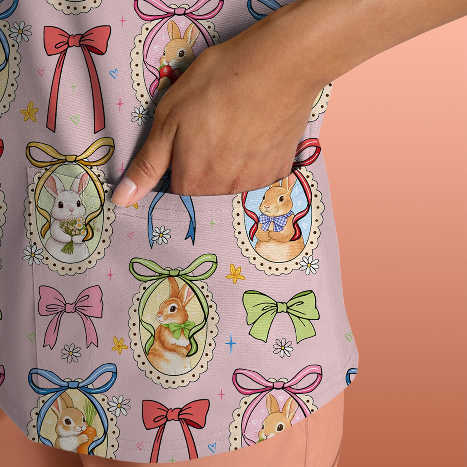 Cute Easter Bunny Cameo Colorful Bow Pattern Scrub Top, Breathable Fabrics Nursing Uniform