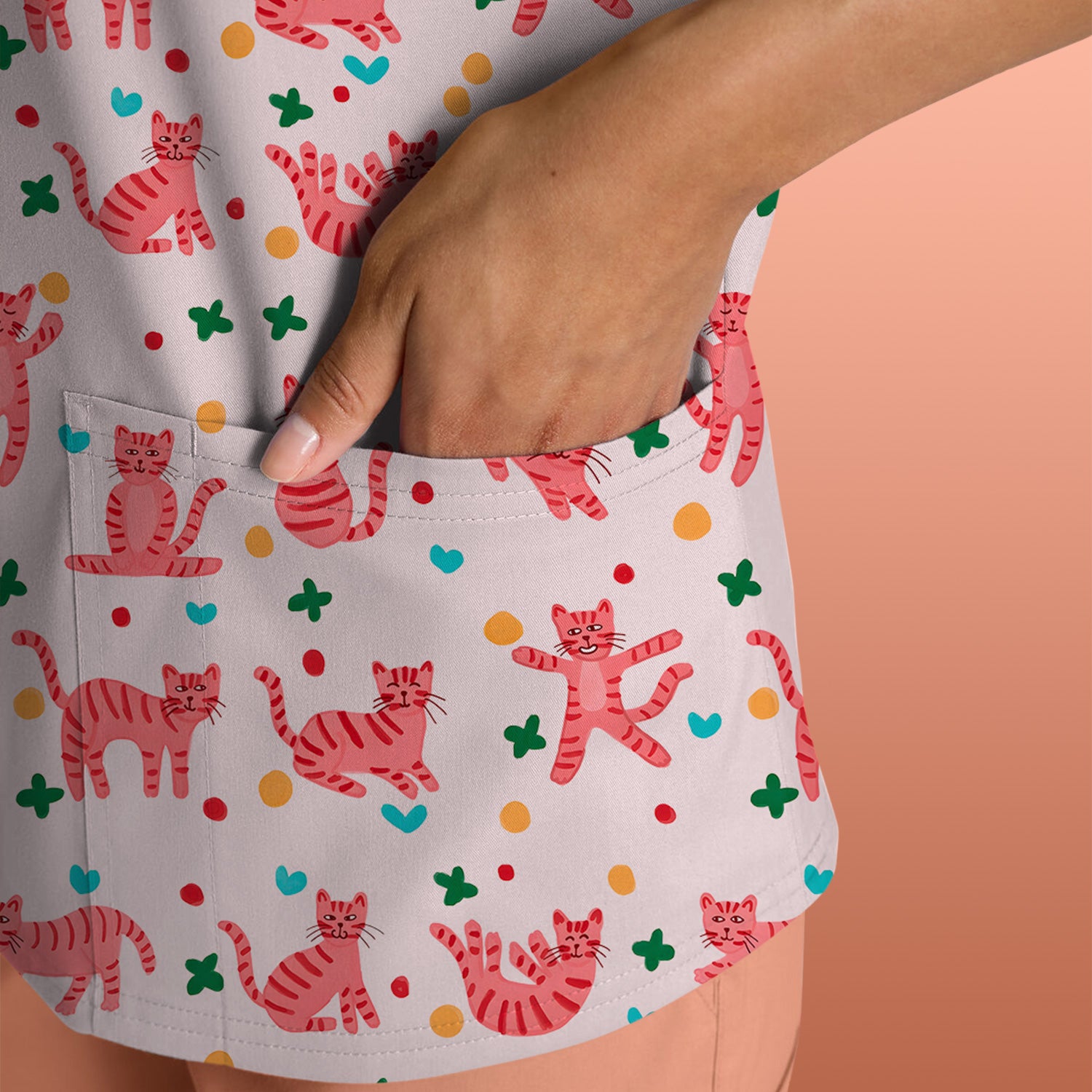 Cute Pink Cat Pattern Scrub Top, Comfortable Scrubs for Nurses