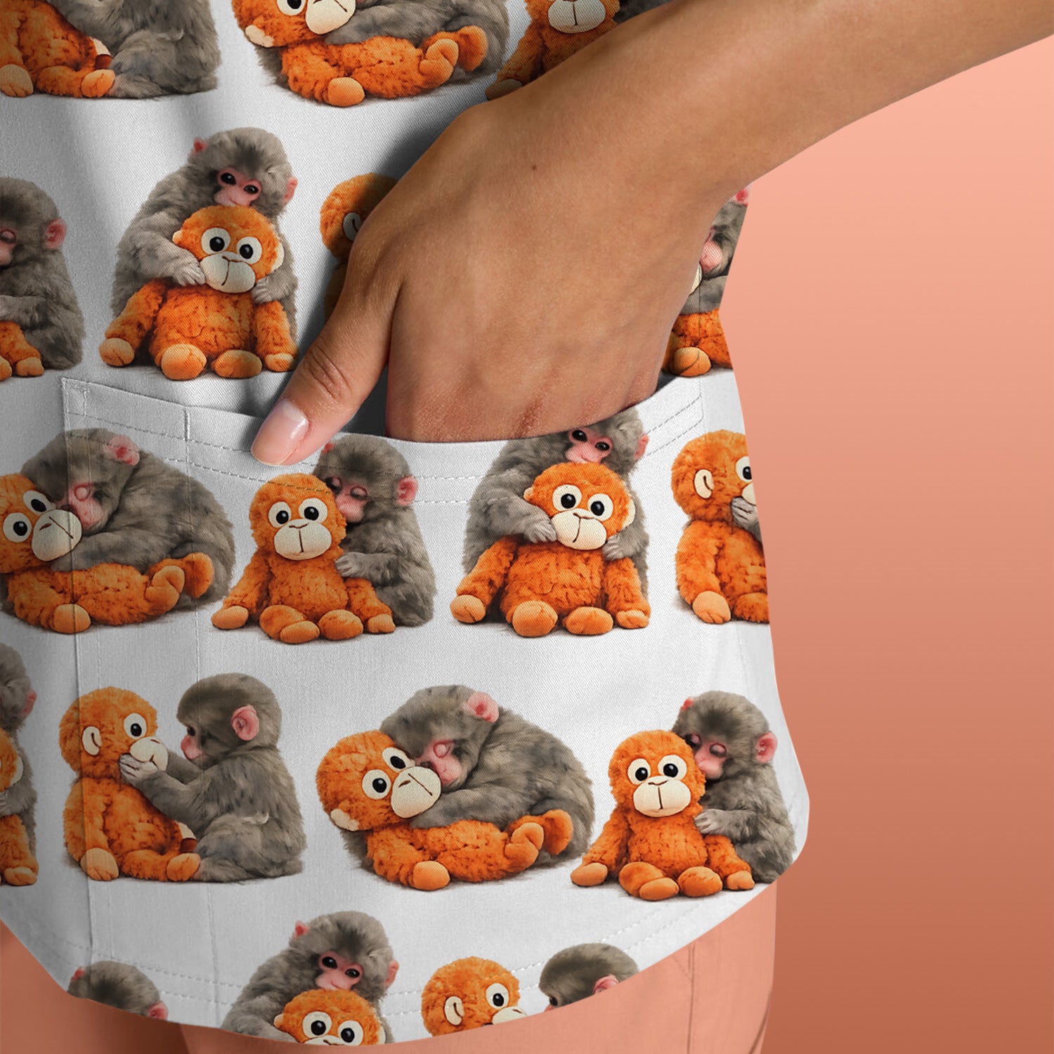 Cute Baby Monkey Plush Toy Animal Pattern Scrub Top, Breathable Medical Uniform Top