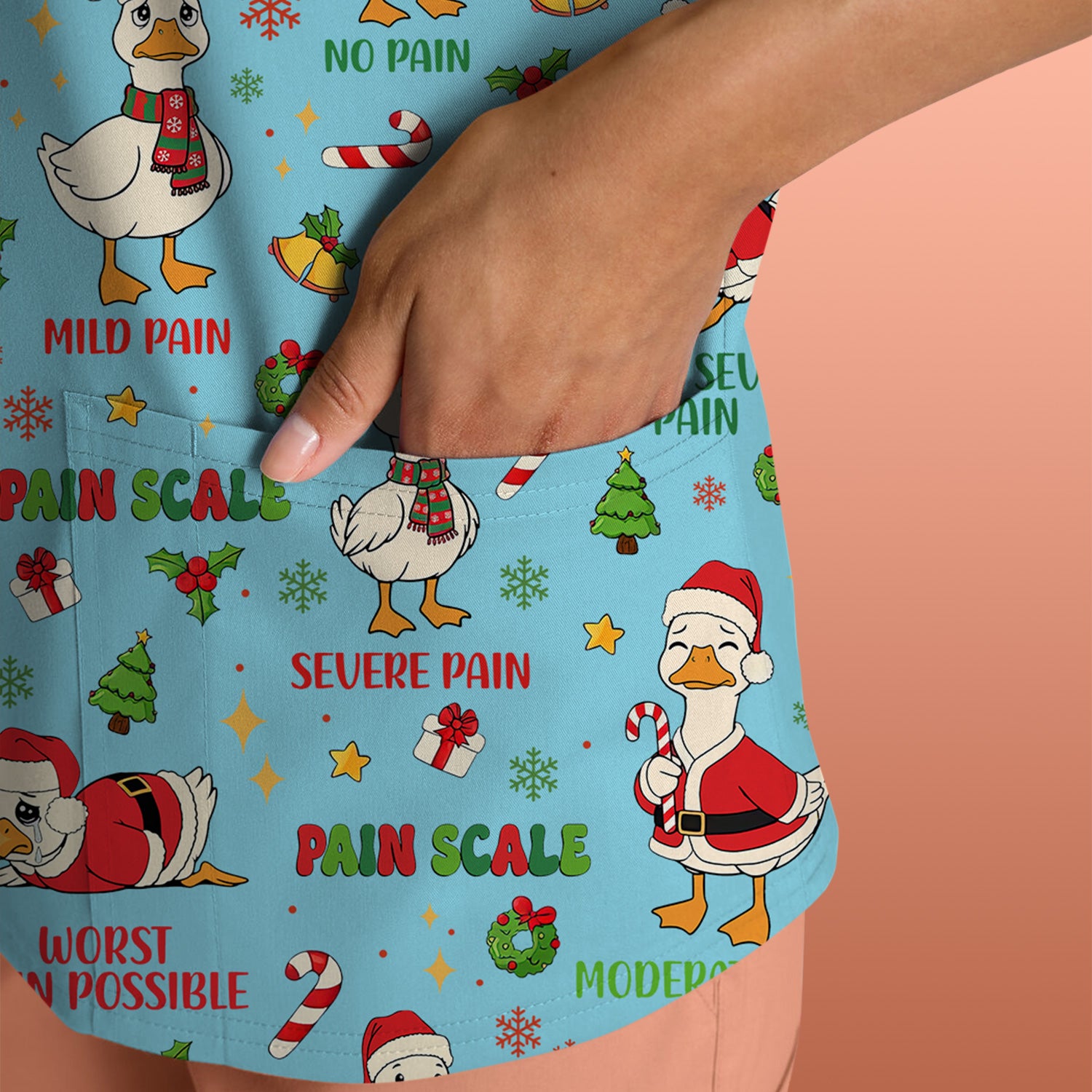 Funny Goose Christmas Scrub Top - Pain Scale Nurse Pattern Shirt - Cute Holiday Medical Scrubs for Women