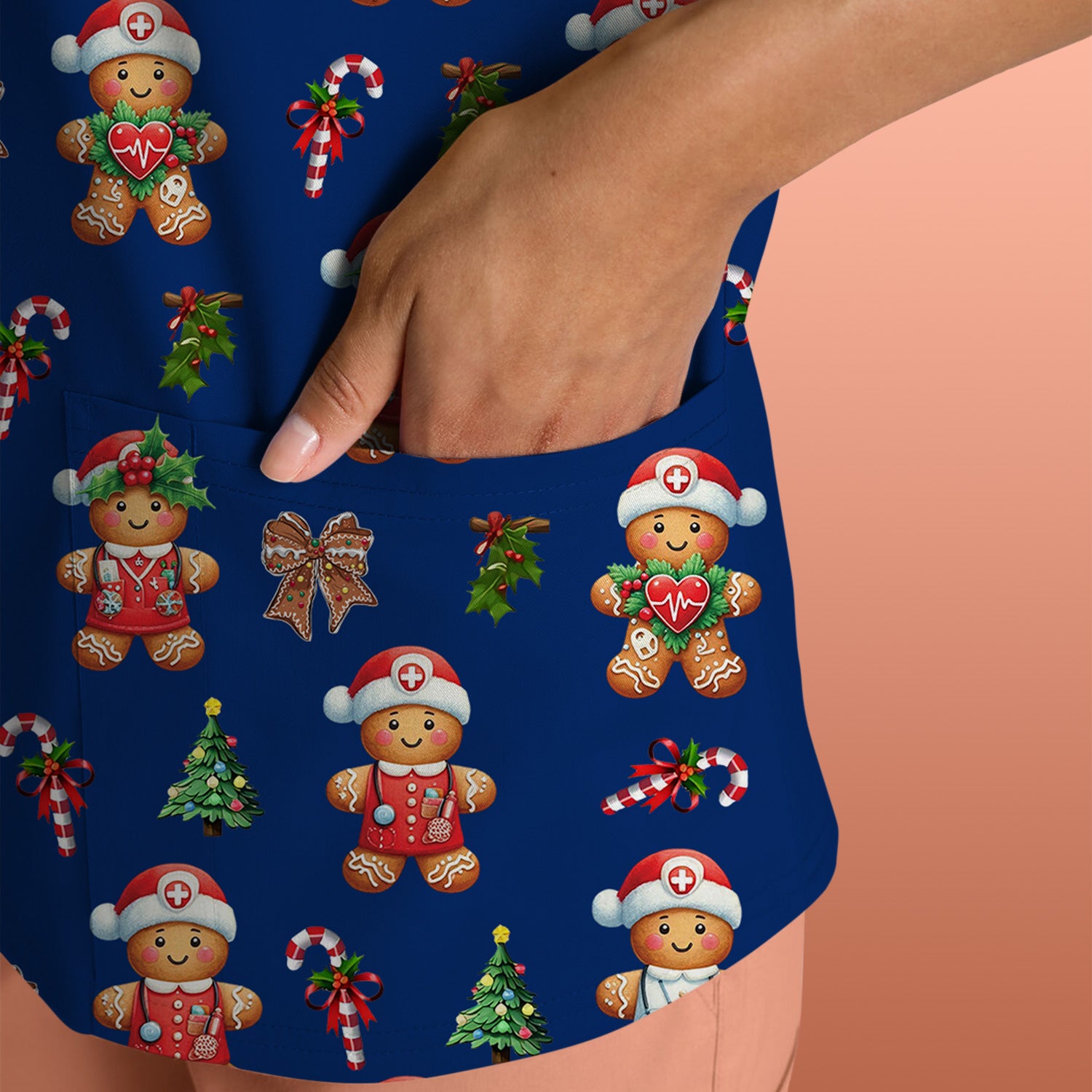 Funny Christmas Scrub Top for Nurse - Adorable Gingerbread Candy Cane Bow- Festive Medical Uniform for Women