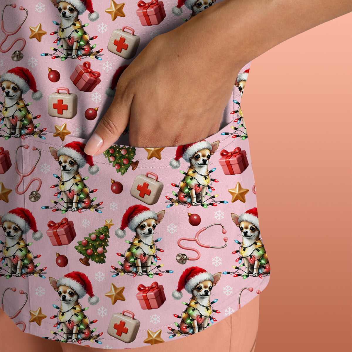 Funny Chihuahua Nurse Scrub Top, Christmas Dog Pattern Medical Shirt, Holiday Scrubs for RN, LPN, CNA, Vet Tech Gift