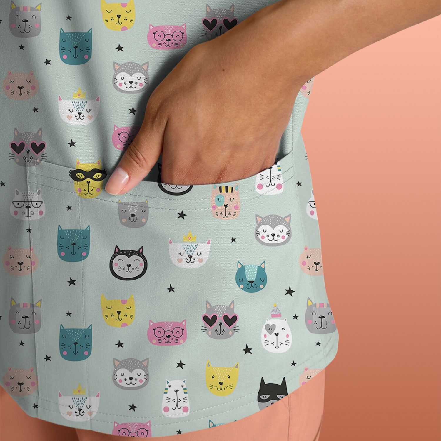 Cute Colorful Cat Pattern Scrub Top, Comfortable Scrubs for Nurses