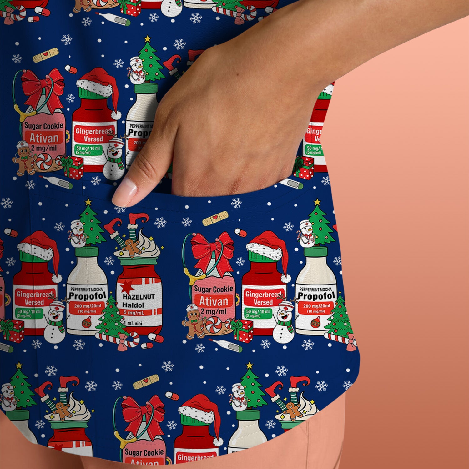 Funny Christmas Medication Scrub Top – Festive Holiday Pharma Bottles Pattern – Playful Medical Uniform for Nurses, Pharmacists & Healthcare Workers