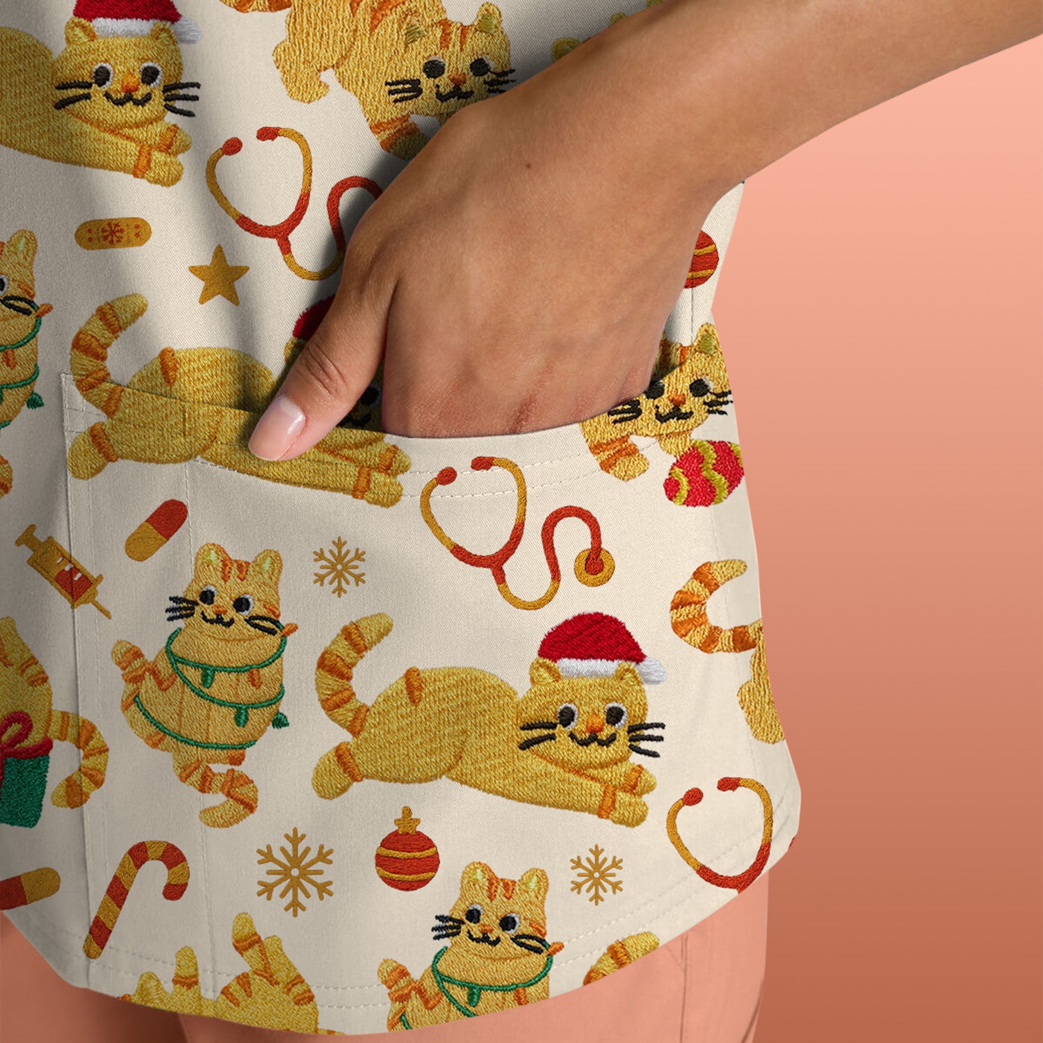 Christmas Cat Nurse Scrub Top, Cute Holiday Kitty Medical Uniform Shirt For Nursing
