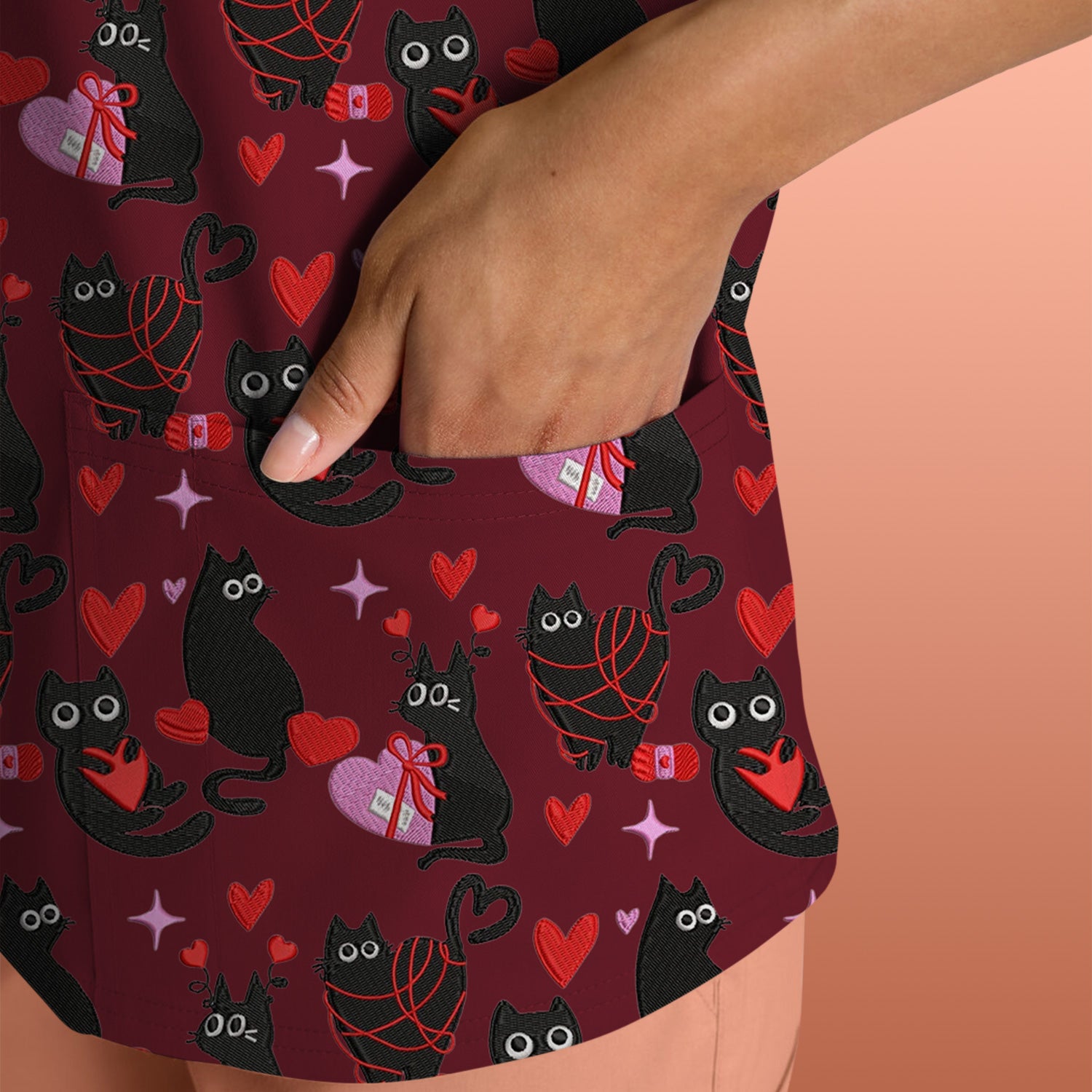 Valentine’s Day Scrub Top, Cute Black Cat With Heart Pattern Nurse Shirt, Breathable Fabrics Nursing Uniform