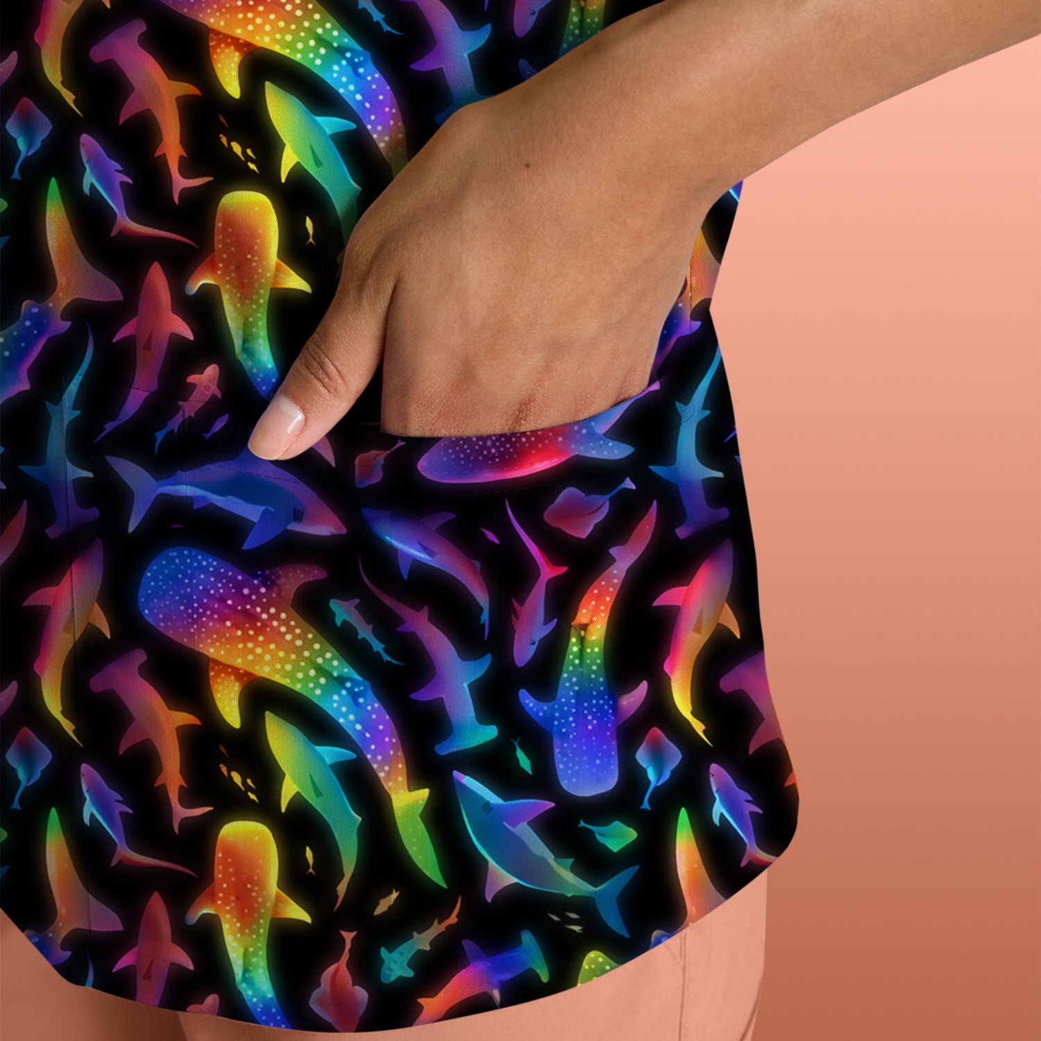 Vibrant Rainbow Shark Pattern Scrub Top, Comfortable Scrubs For Nurses