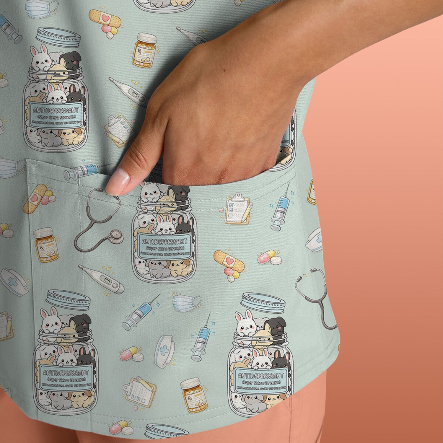 Whimsical Antidepressant Rabbit Jar Design Nurse Scrub Top, Soft & Breathable Workwear