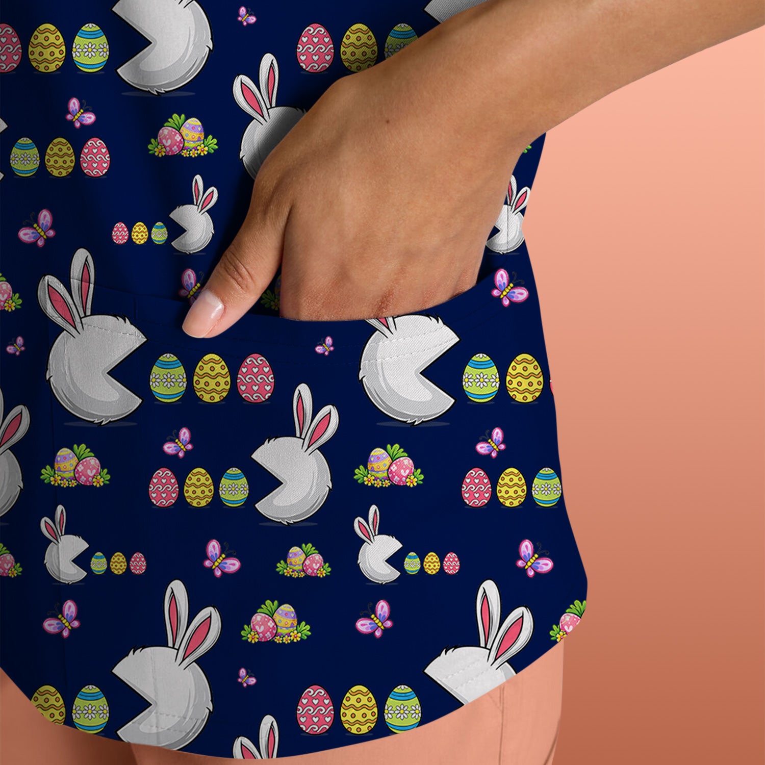 Easter Bunny and Colorful Eggs Print Scrub Top, Breathable Fabrics Nursing Uniform