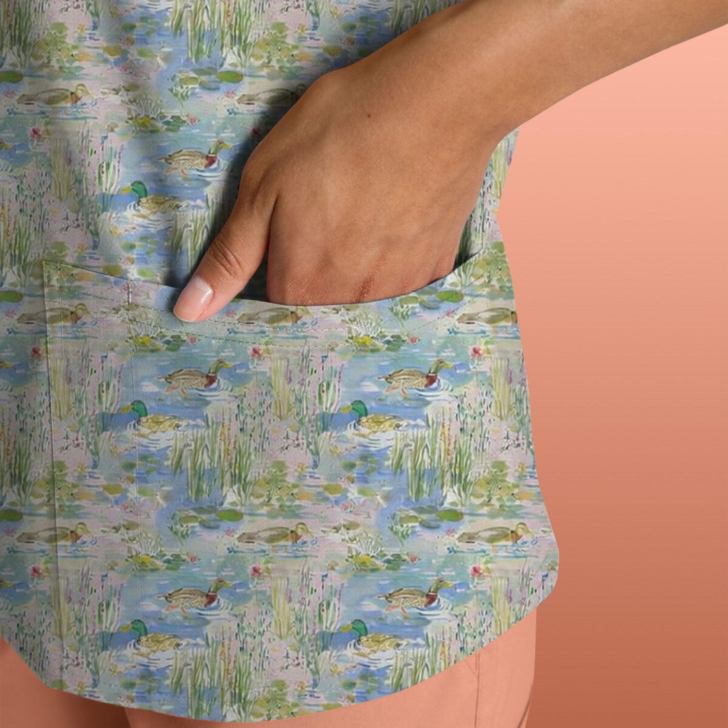 Ducks in Pond Water Pattern Scrub Top, Breathable Fabrics Nursing Uniform