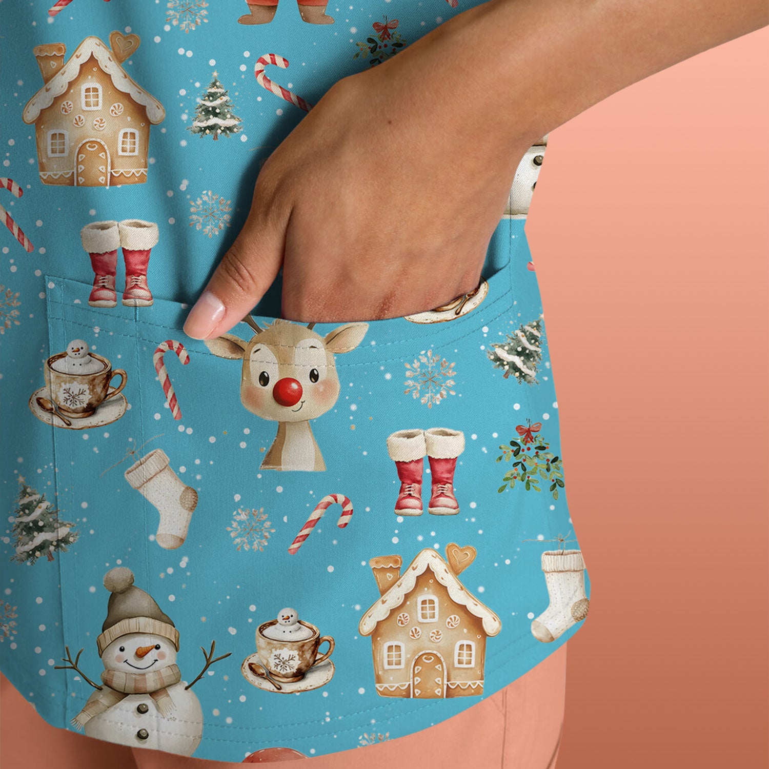 Christmas Santa Pattern  Scrub Top – Cute Medical Uniform for Nurses - Breathable Fabrics Nursing Uniform