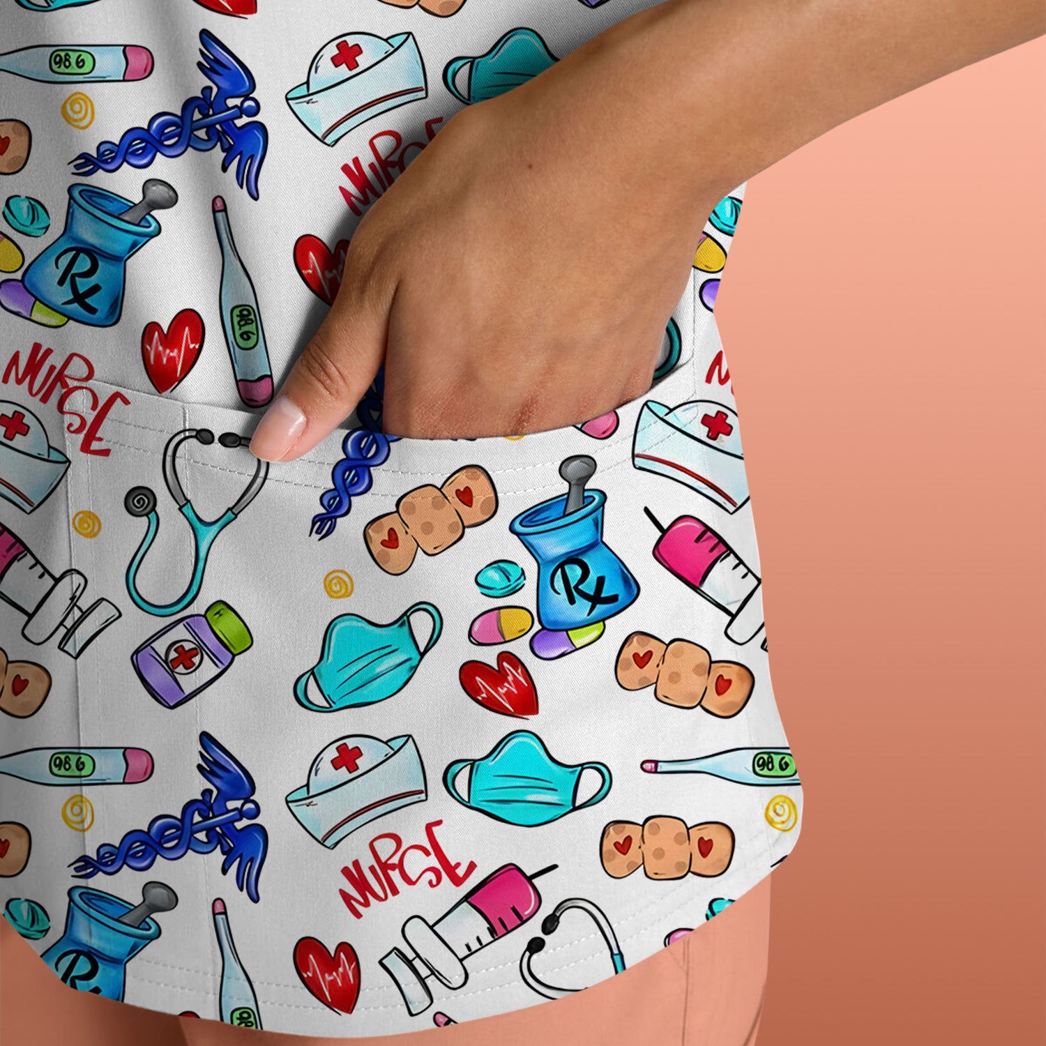Nurse Medical Icons Stethoscope Heart Pattern Scrub Top, Comfortable Scrubs for Nurses