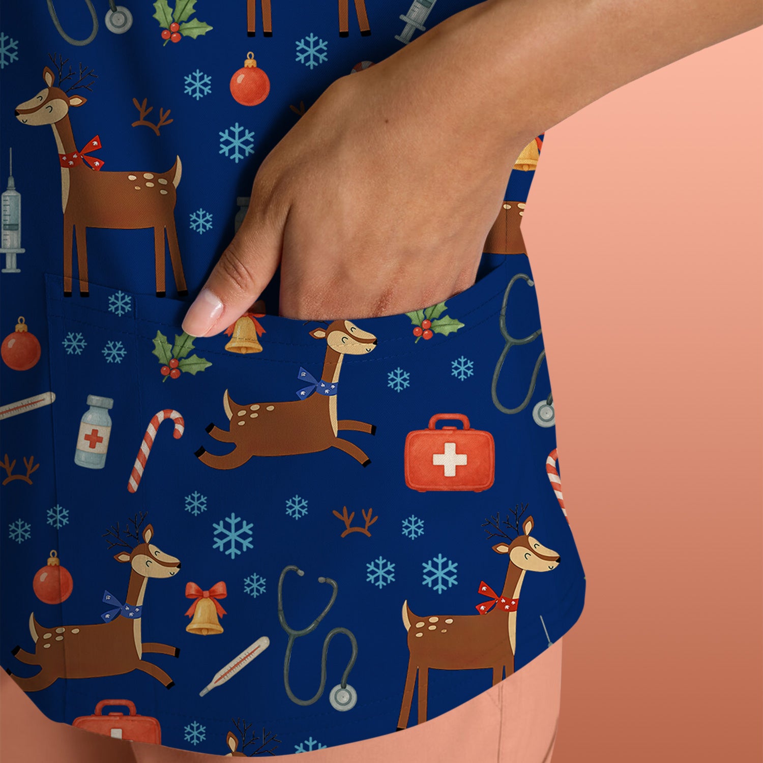 Christmas Reindeer Scrub Top for Nurses - Cute Reindeers Snowflakes Candy Canes Shirt - Comfortable Med Uniform