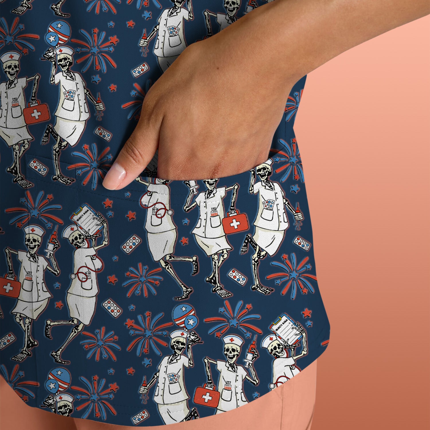 Funny Skeleton Nurse Patriotic Print Scrub Top, Halloween USA Fireworks Nursing Uniform for Women