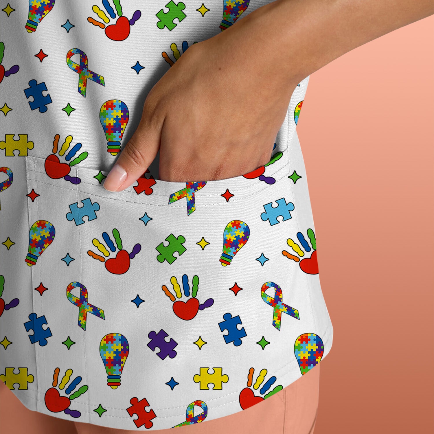 Autism Awareness Colorful Puzzle Pattern Scrub Top, Comfortable Scrubs for Nurses