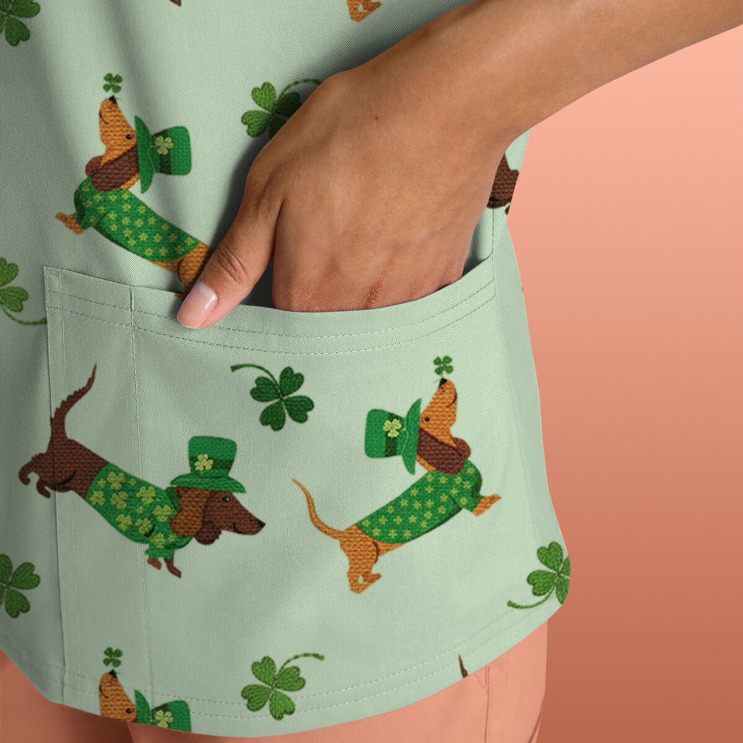 St. Patrick’s Day Dachshund Scrub Top, Funny Wiener Dog Nurse Shirt, Breathable Fabrics Nursing Uniform