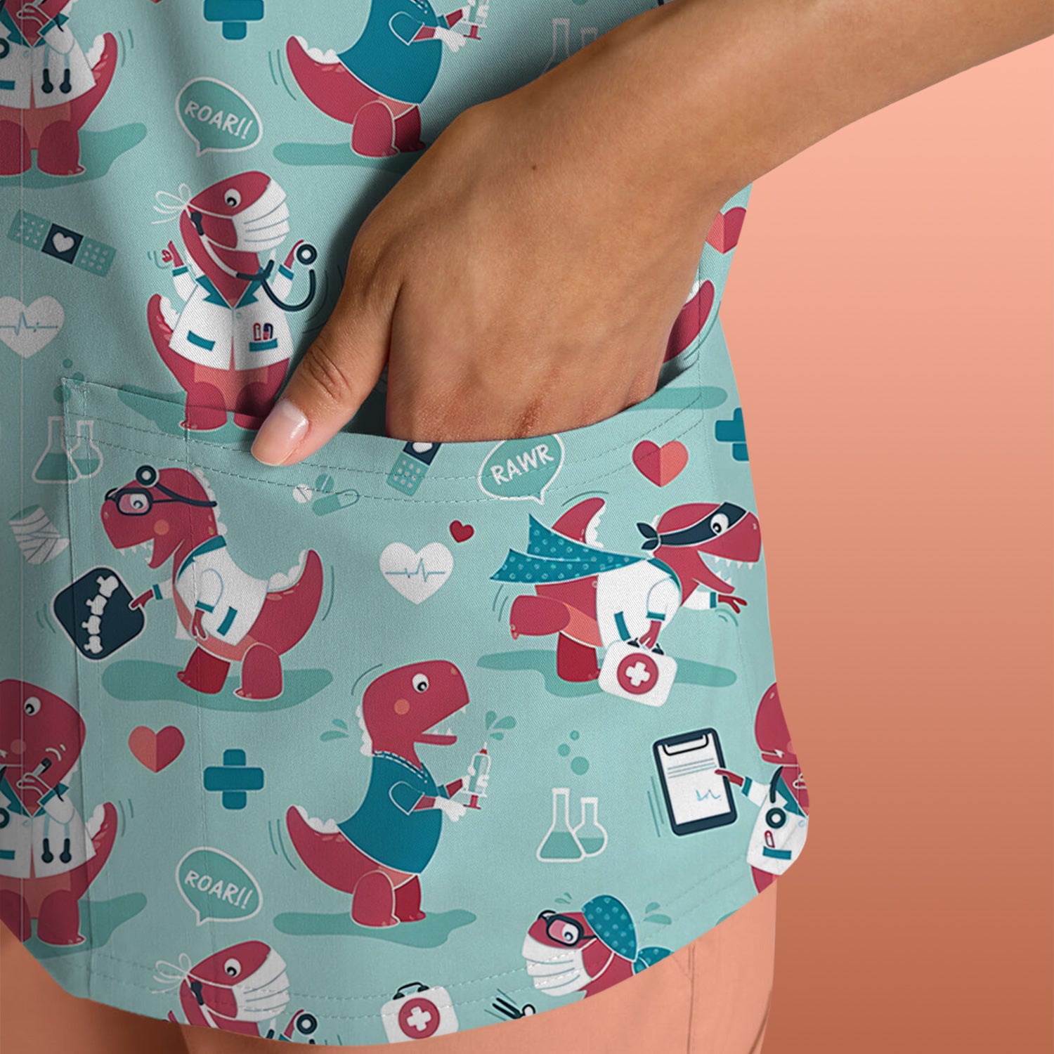 Cute Dinosaur Doctor Medical Pattern Scrub Top, Breathable Fabrics Nursing Uniform