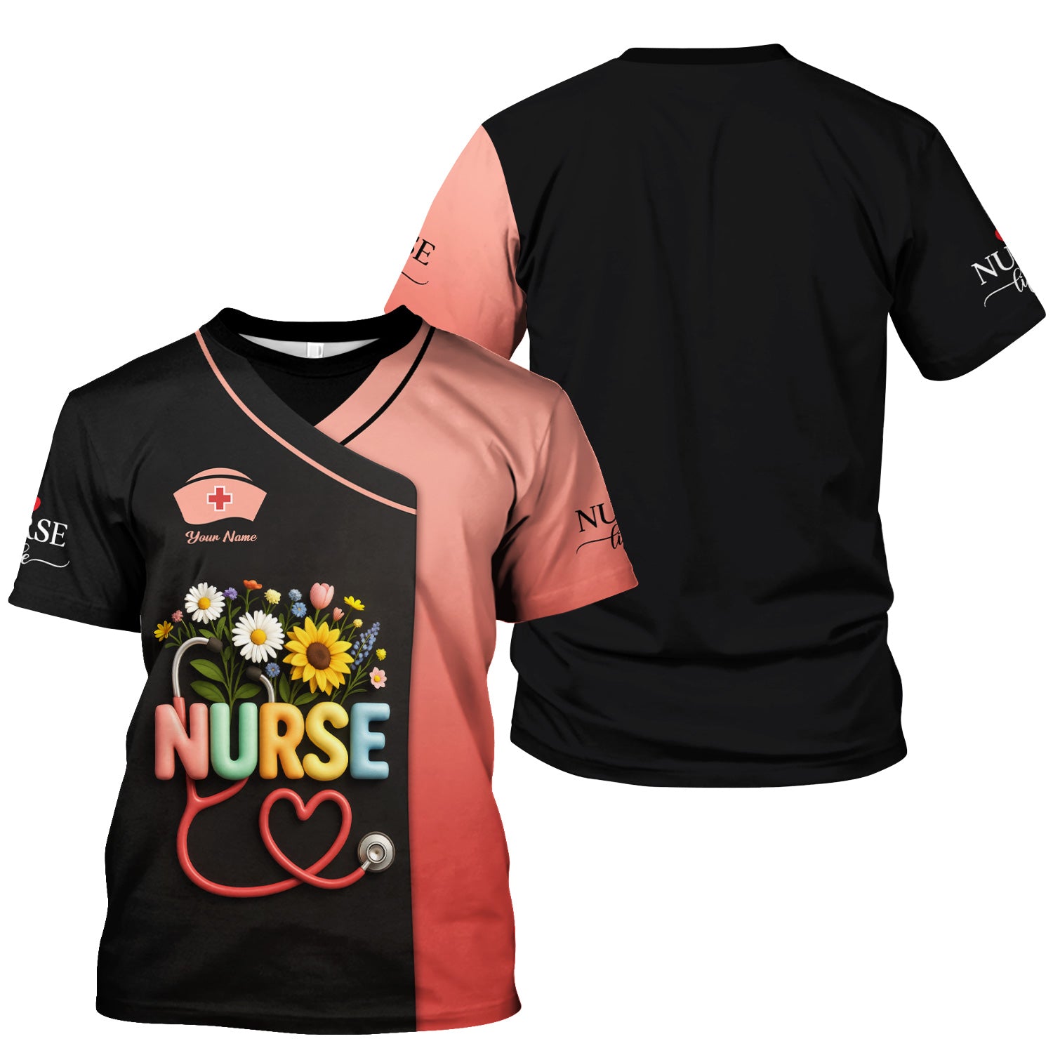 Colorful Floral Nurse Shirt - Personalized Scrub-Style Tee with Heart Stethoscope & Daisies - Gift for RN CNA LPN